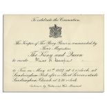King George VI and Queen Elizabeth coronation celebration invitation. Partially-printed invitation