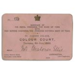 Scarce admission ticket to the wedding ceremony of George V & Mary. Pink ticket with embossed gilt