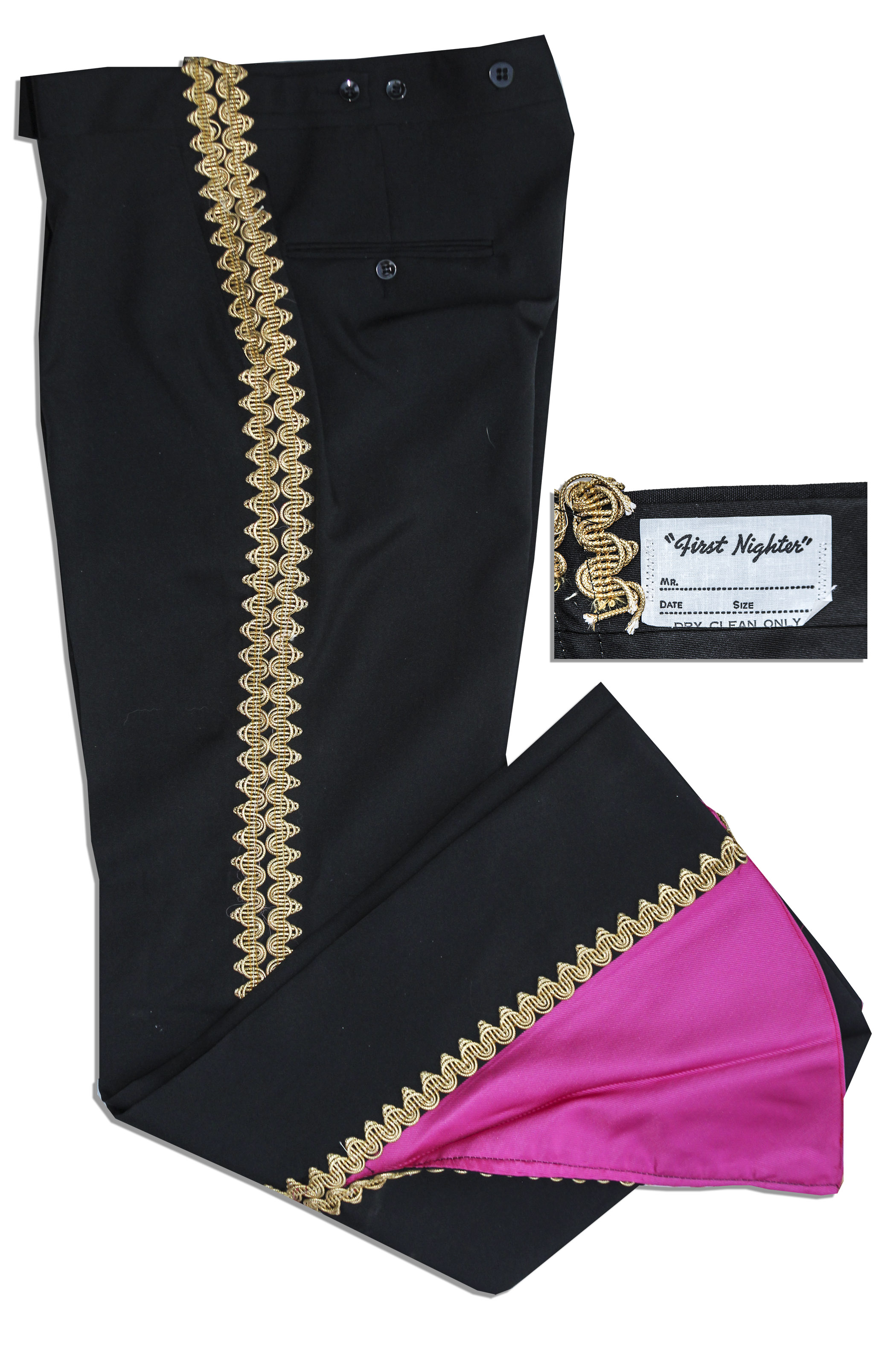 Mariachi costume pants from ''Captain Kangaroo''. Pair of black pants feature gold striping down the