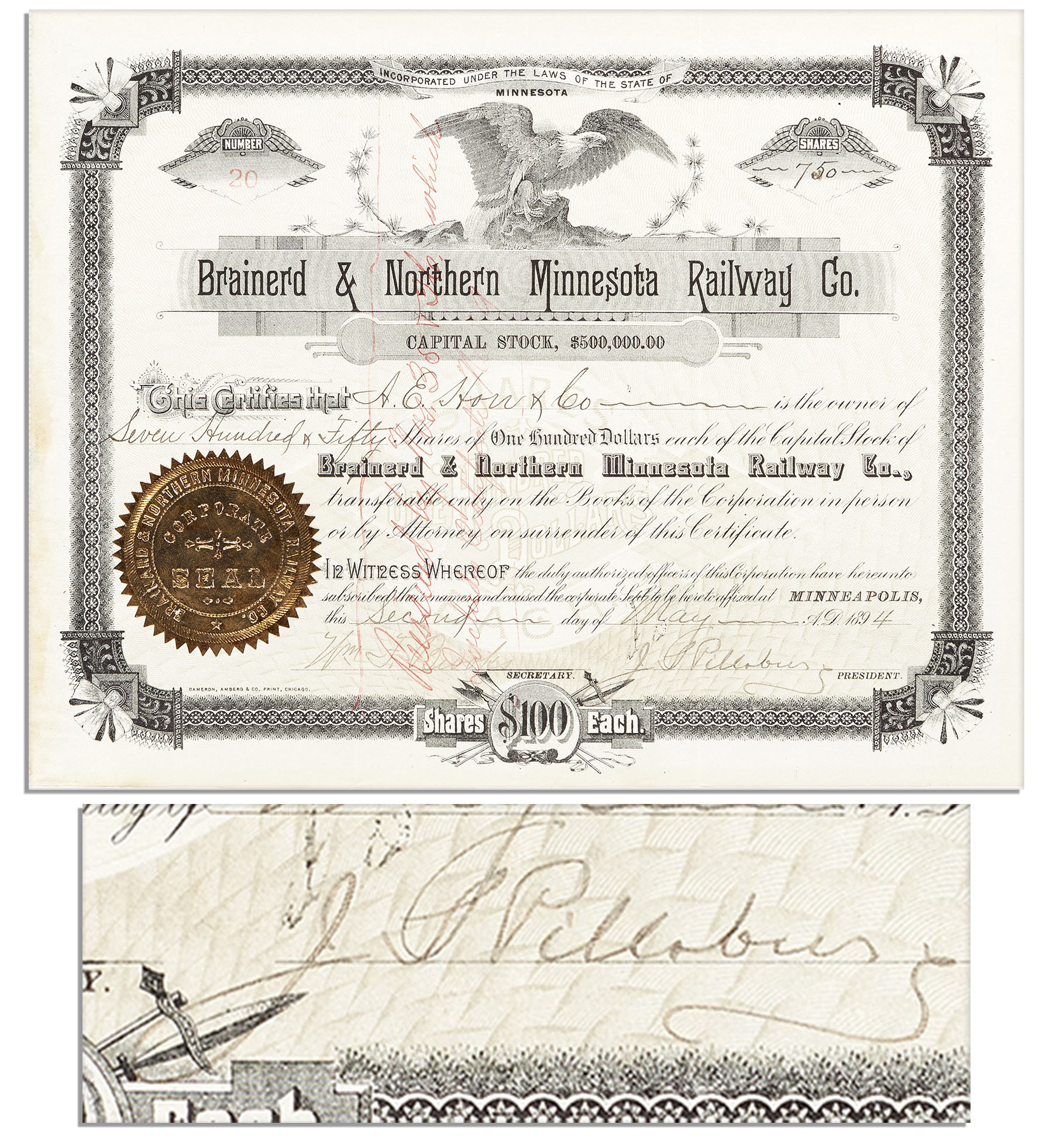 John S. Pillsbury stock certificate signed as President of the Brainerd & Northern Minnesota Railway