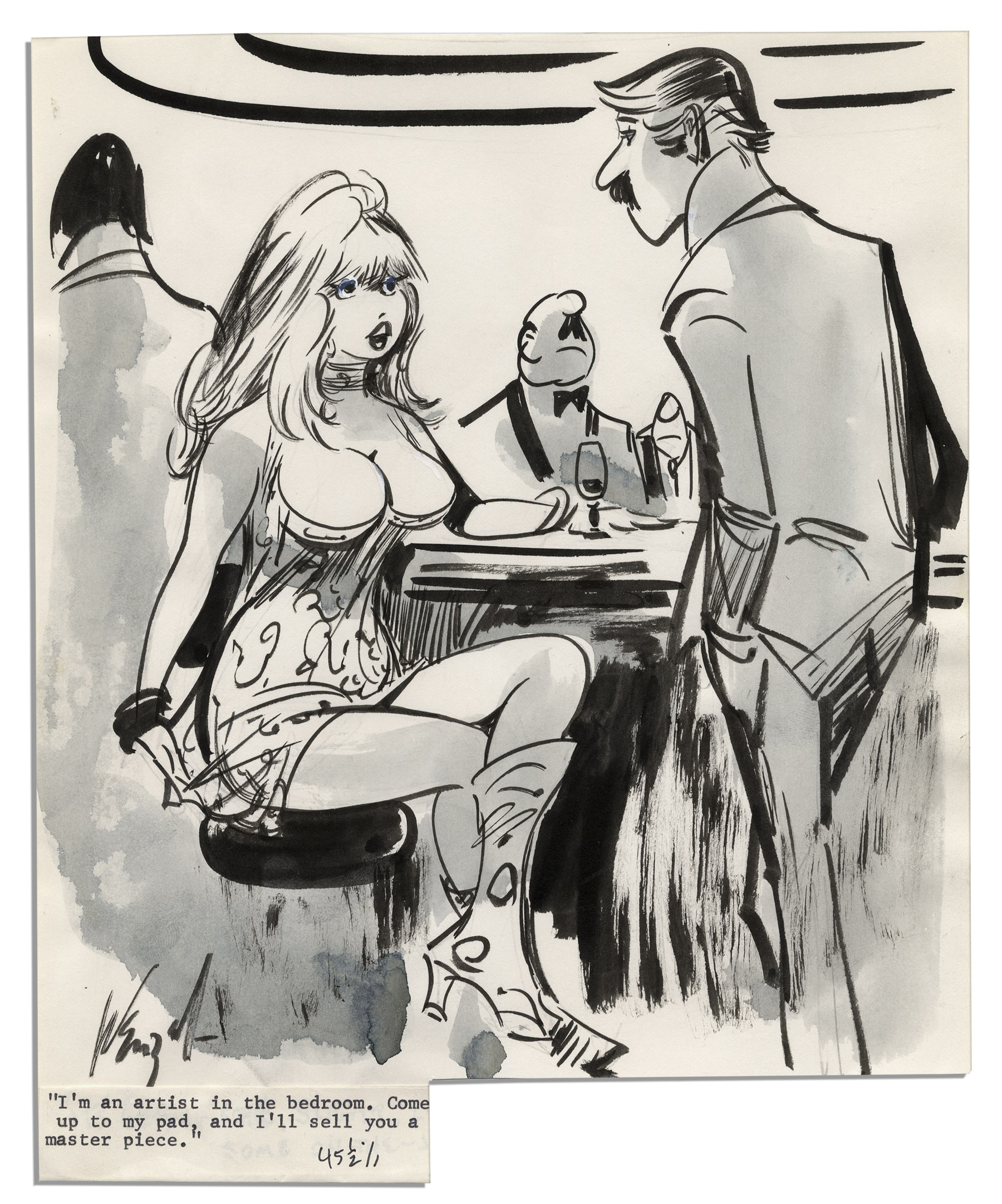 Rare signed comic drawing by ''Good Girl Art'' illustrator Bill Wenzel. Single-panel comic depicts a