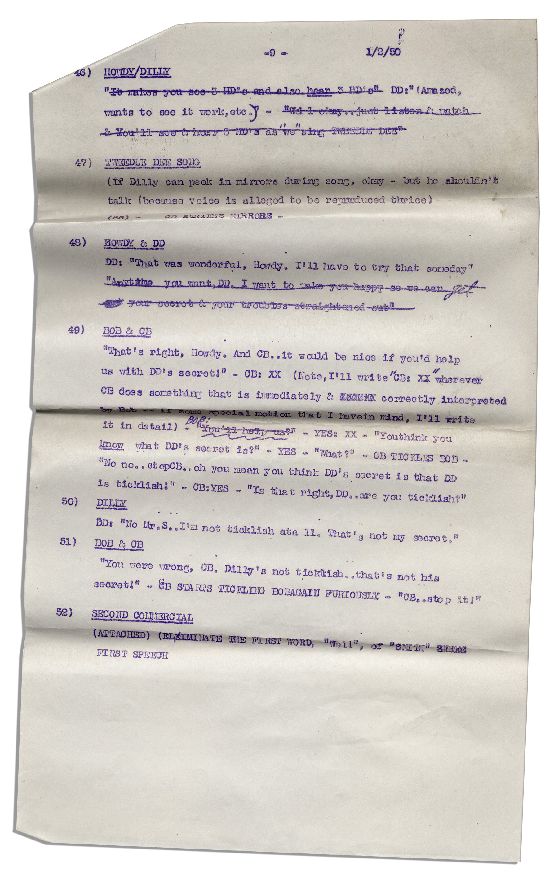 Full script for episode #449 of ''The Howdy Doody Show'', which aired 2 January 1950 on NBC. Typed - Image 3 of 11