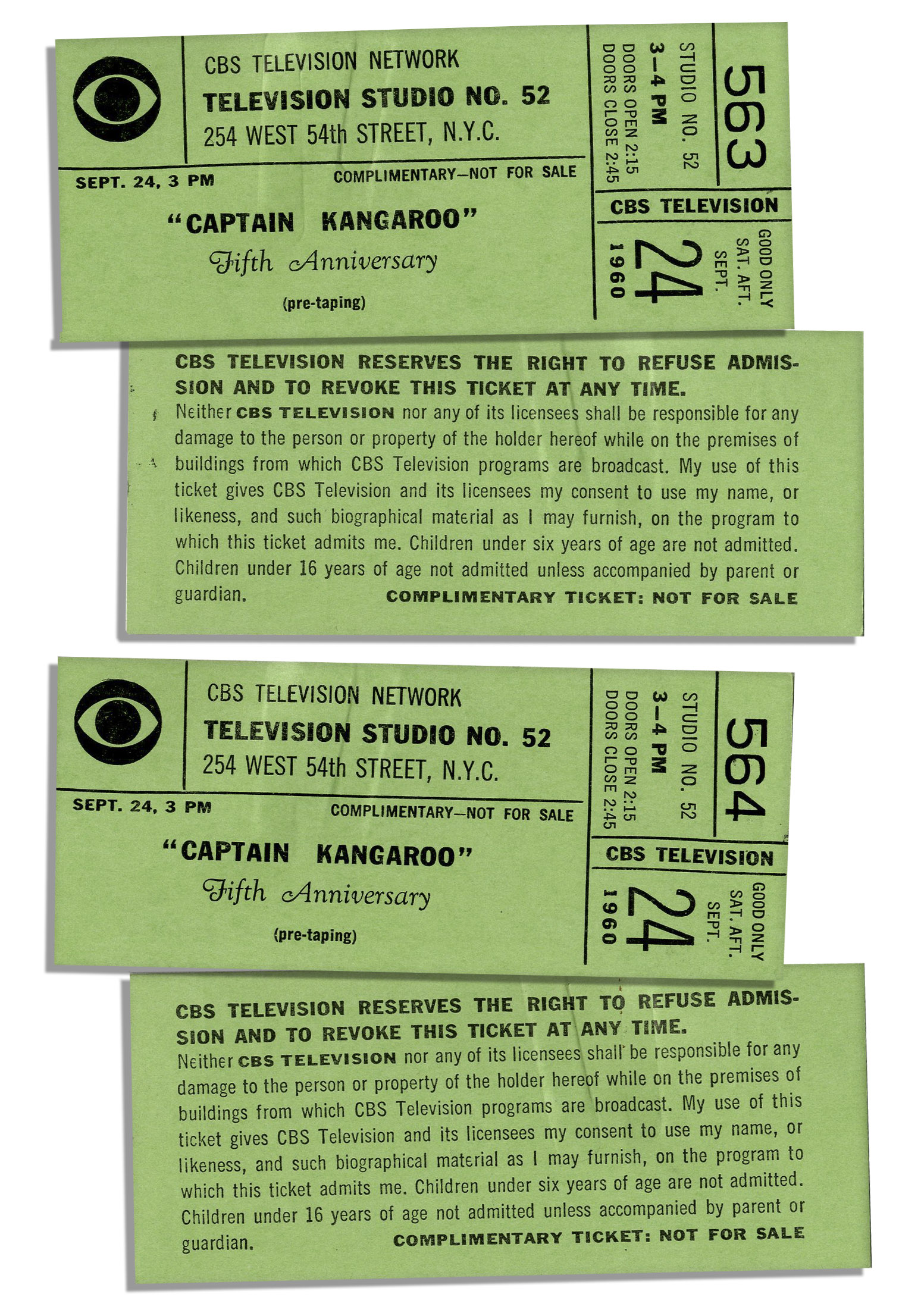Two tickets to the 5th anniversary taping of ''Captain Kangaroo'', held in 1960 at CBS Studios in - Image 4 of 4