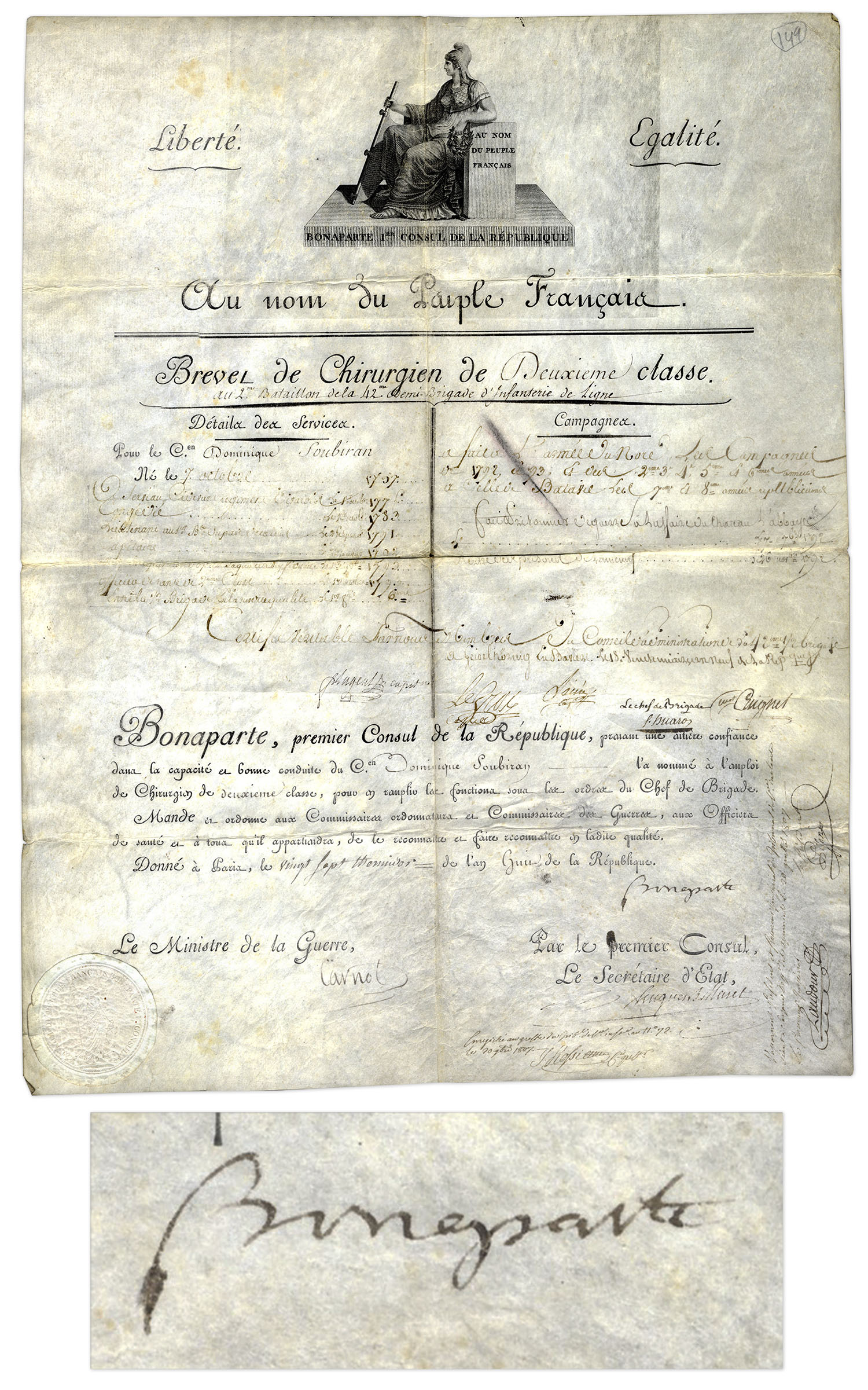 World Leaders Napoleon Bonaparte Document Signed as First Consul -- With Napoleon's Personal