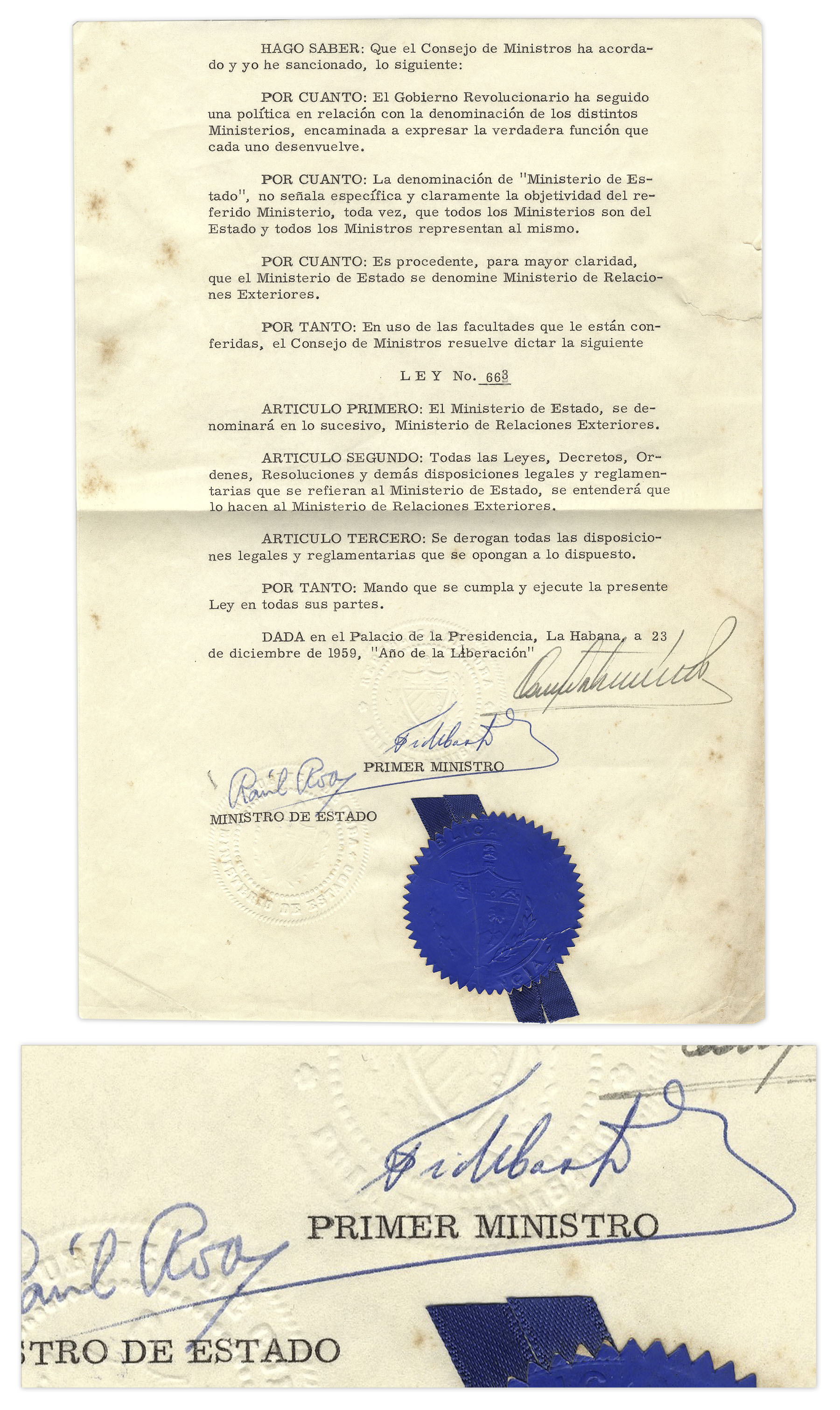 World Leaders Rare Fidel Castro Document Signed as Cuba's Prime Minister in 1959, the ''Year of