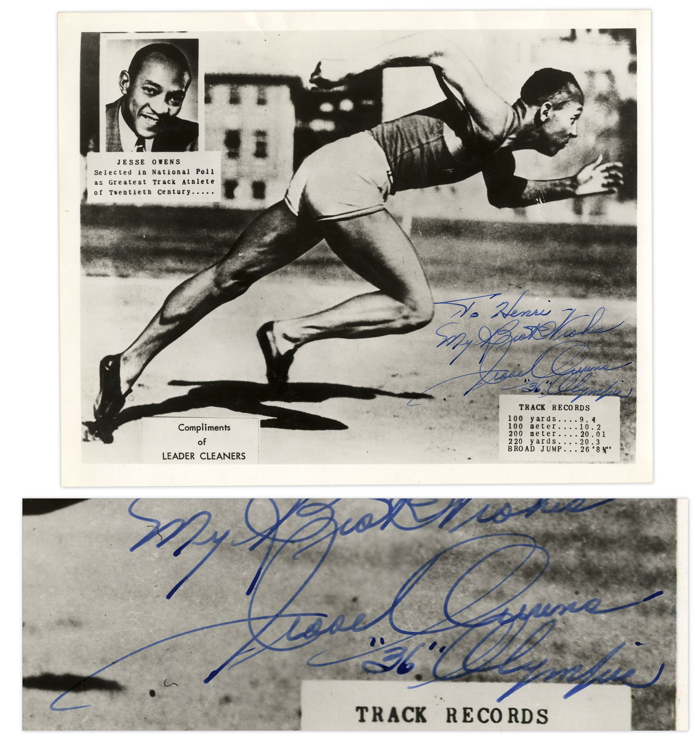 Olympics Memorabilia Jesse Owens Signed Photograph -- Signed ''Jesse Owens '36' Olympic'' Photograph