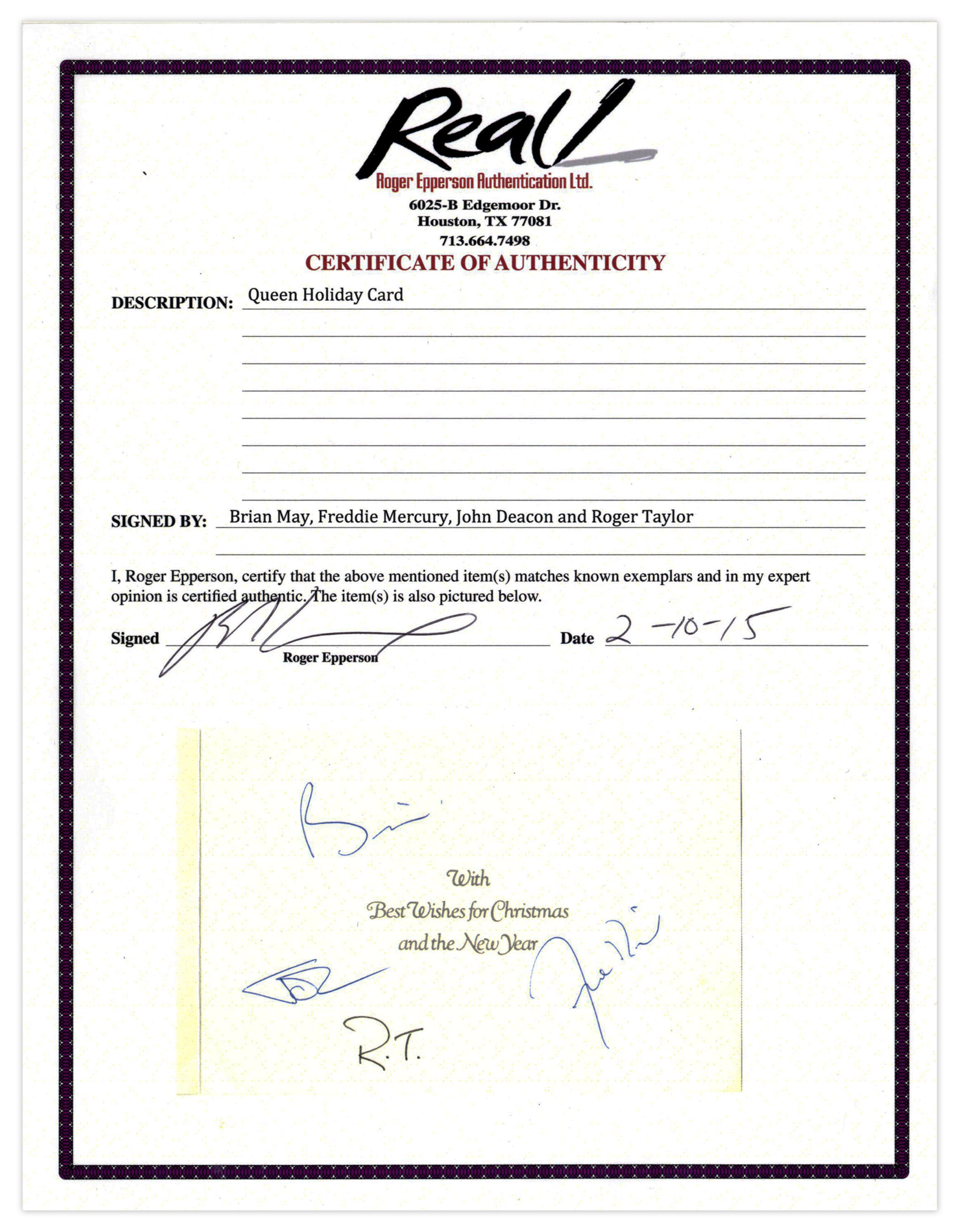 Rock n Roll & Pop Music Queen Signed Holiday Card -- Signed by All Four Members of the Band - Image 5 of 5