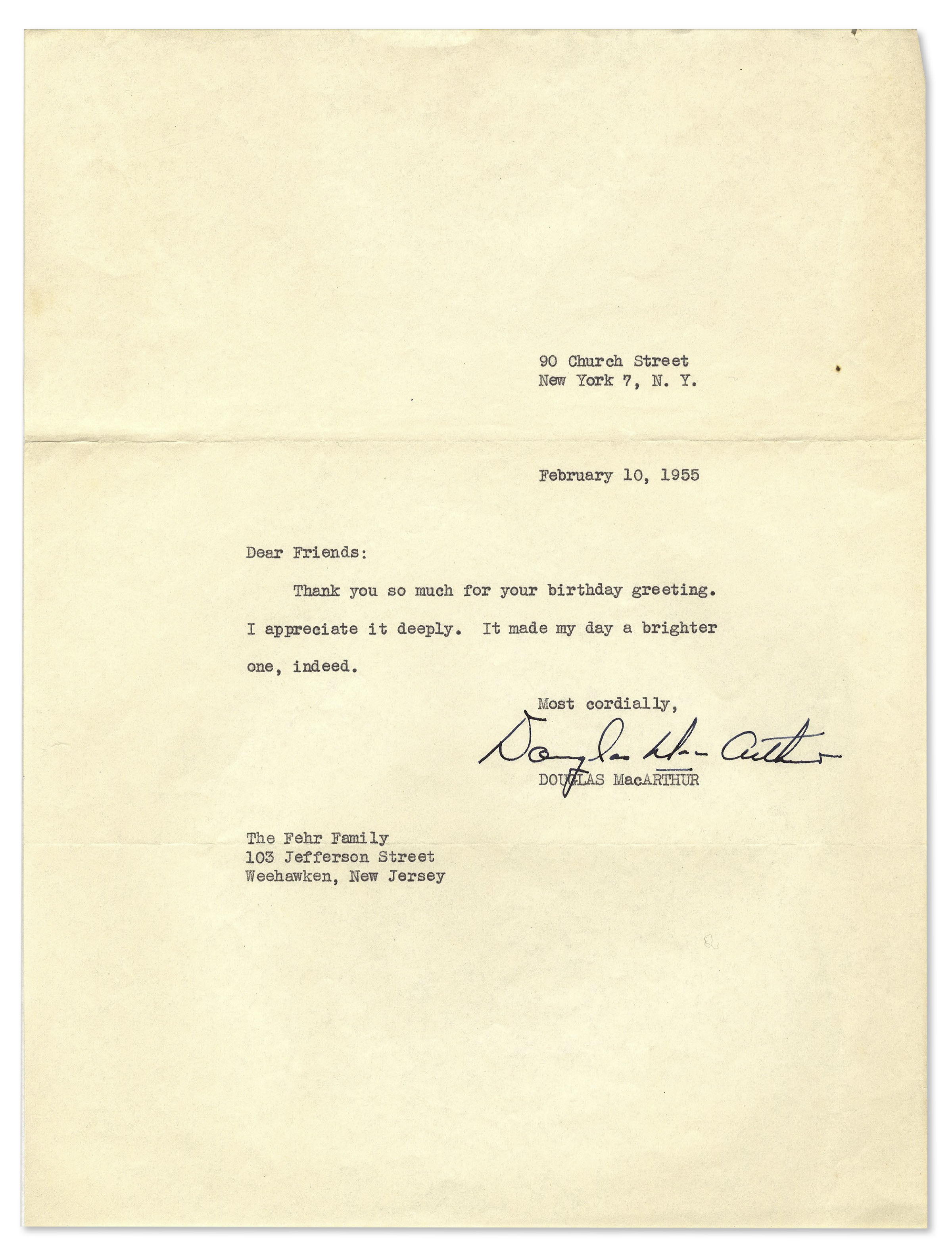 World War I & II General Douglas MacArthur Typed Letter Signed -- ''â€¦Thank you so much for your - Image 2 of 2