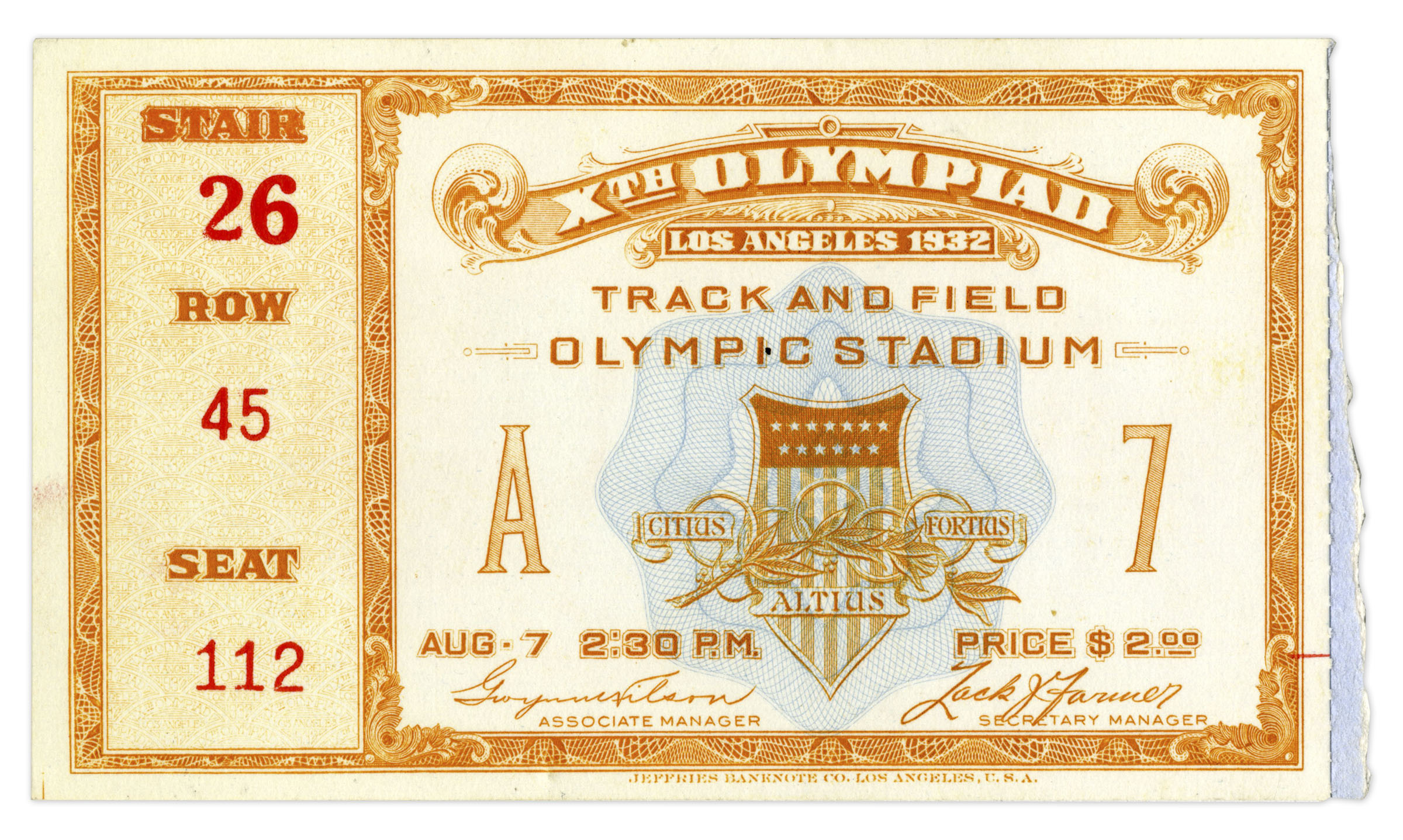 Olympics Memorabilia Ticket to Track & Field at the 1932 X Olympics in Los Angeles -- Measures 4.5''