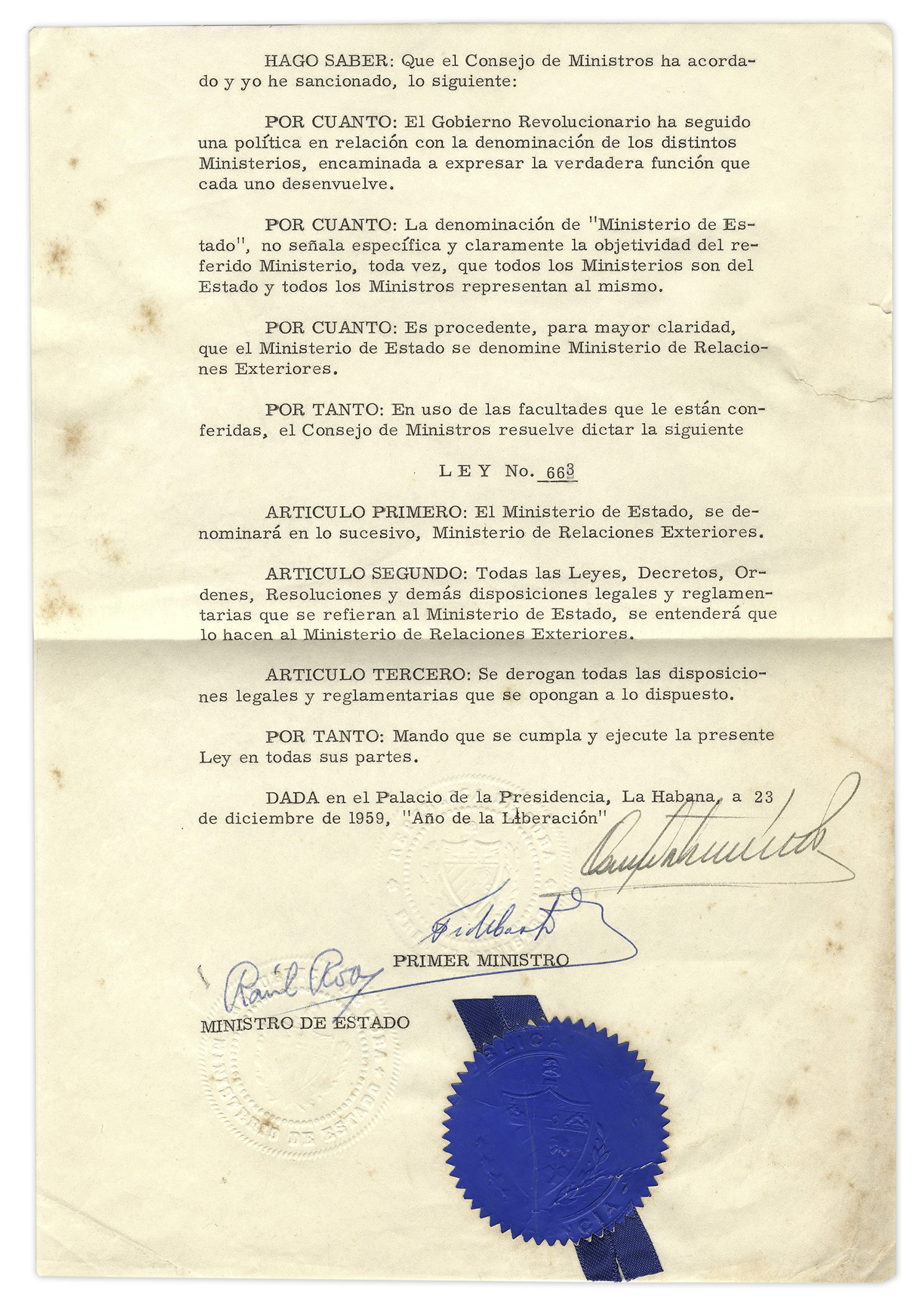 World Leaders Rare Fidel Castro Document Signed as Cuba's Prime Minister in 1959, the ''Year of - Image 2 of 2