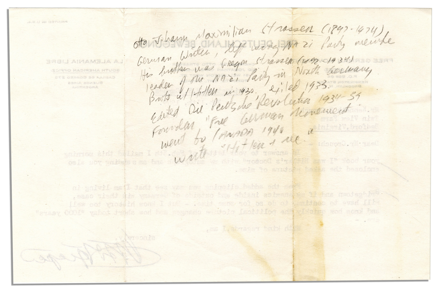 World War I & II Nazi ''Public Enemy Number One'' Otto Strasser Typed Letter Signed -- ''â€¦I - Image 2 of 2
