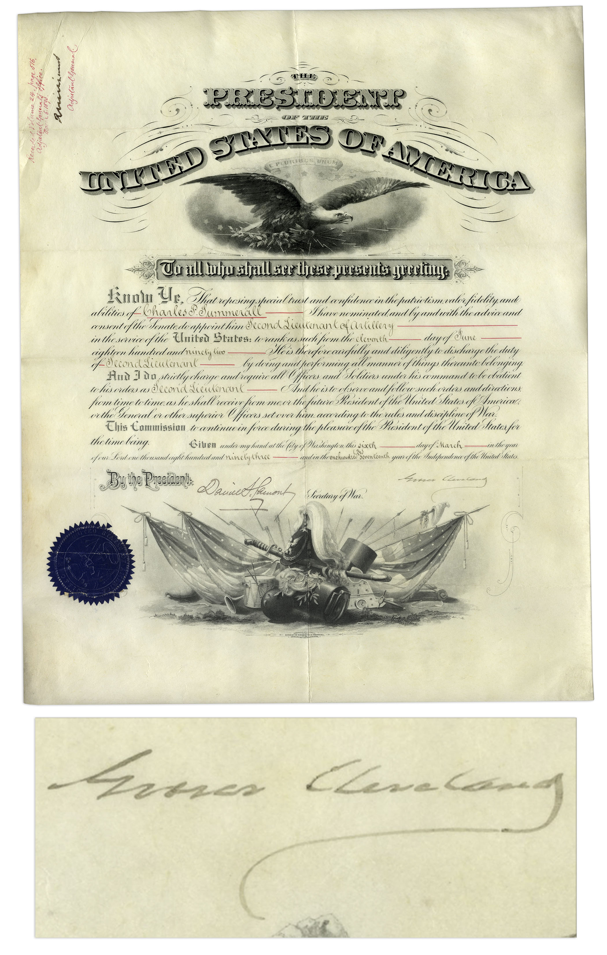 Grover Cleveland Signed Military Appointment as President Grover Cleveland military appointment