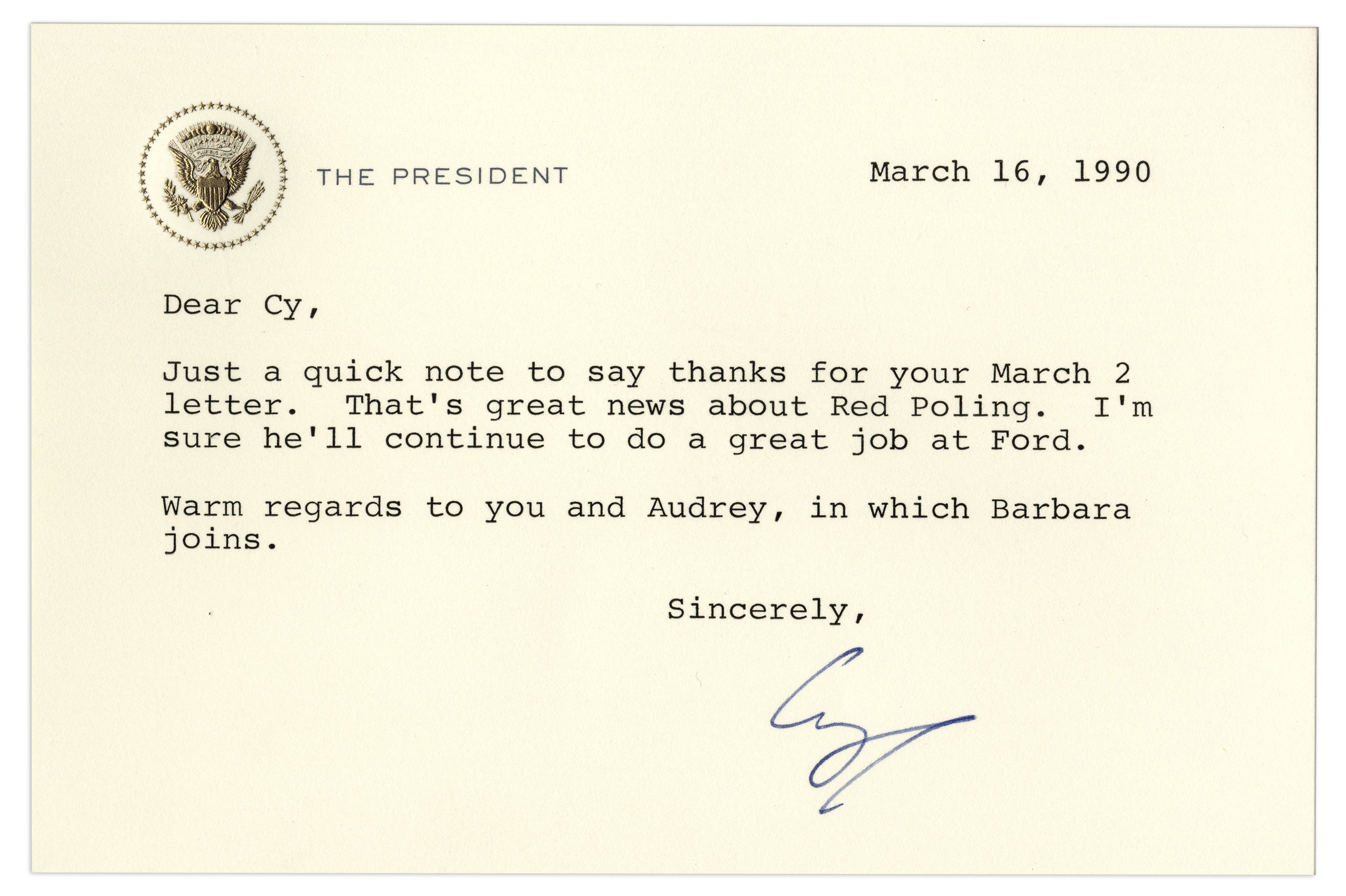 George H.W. Bush Typed Letter Signed as President -- ''...I'm sure he'll continue to do a great - Image 2 of 4