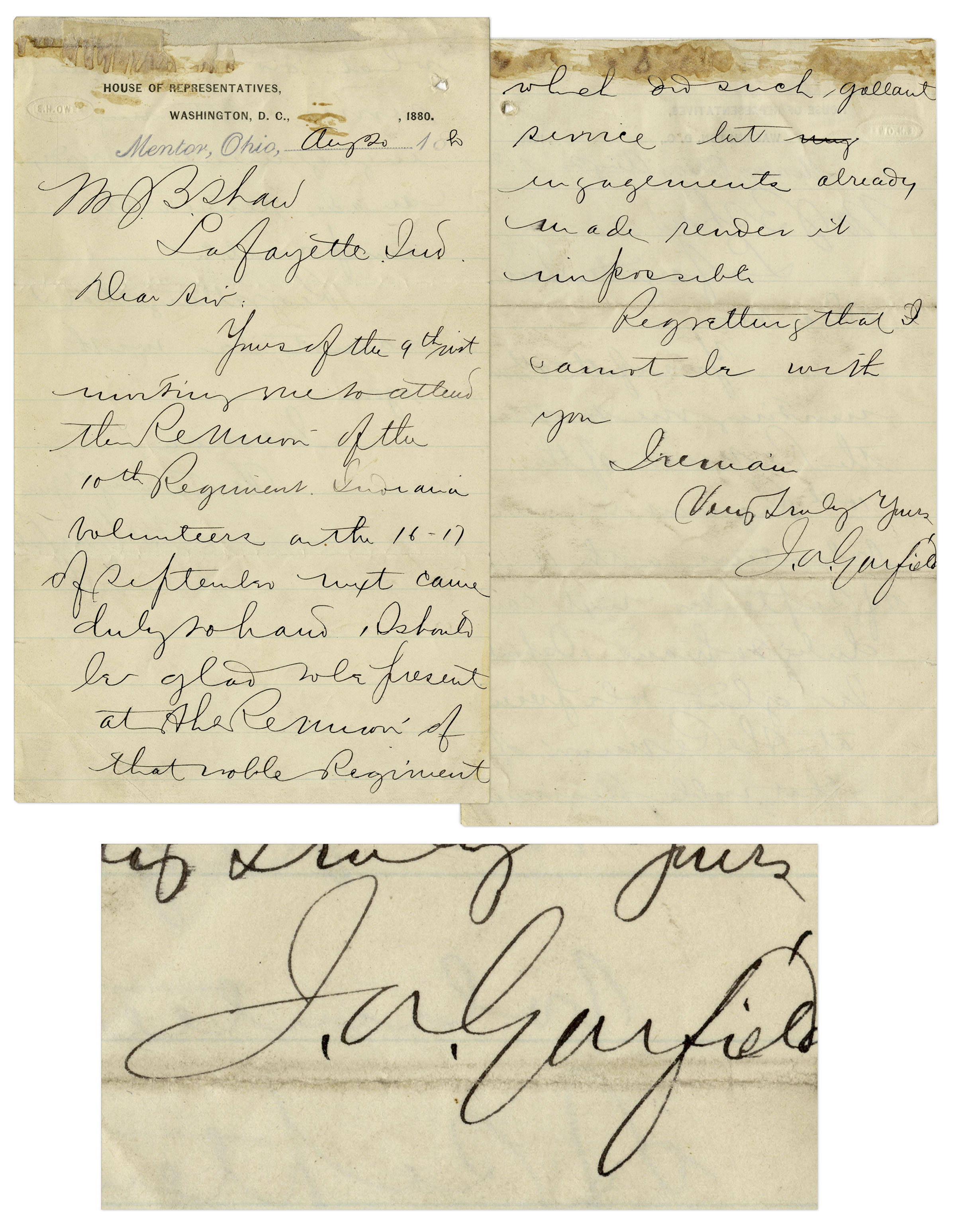 James Garfield Autograph Letter Signed in 1880 -- ''...I should be glad to be present at the reunion