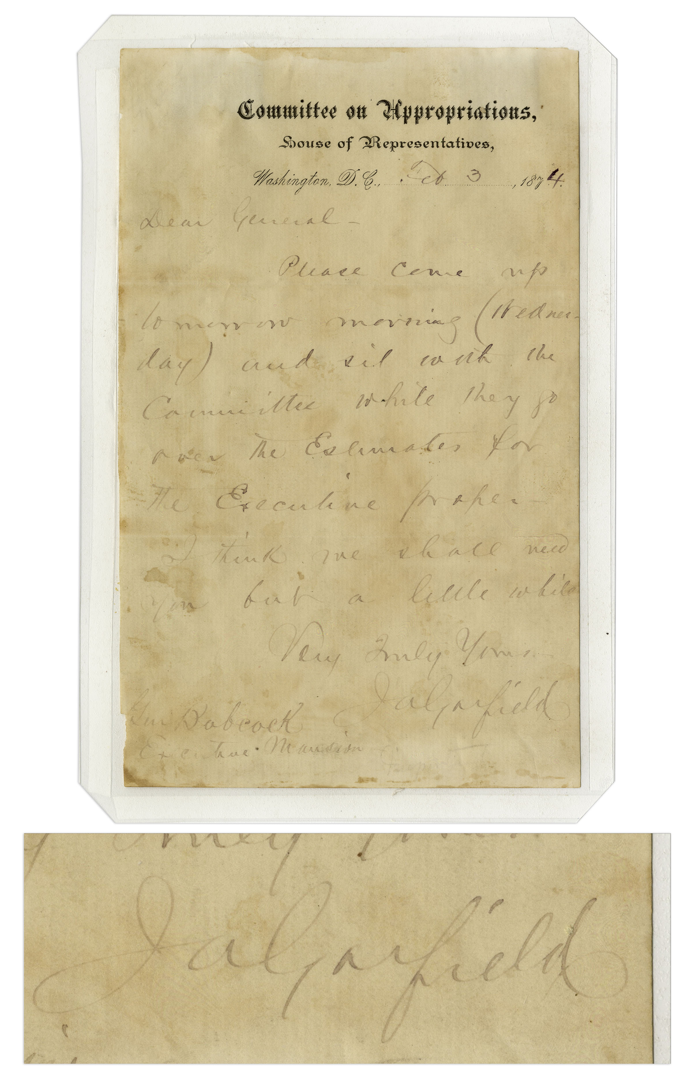 James Garfield Autograph Letter Signed -- ''...sit with the committee while they go over the