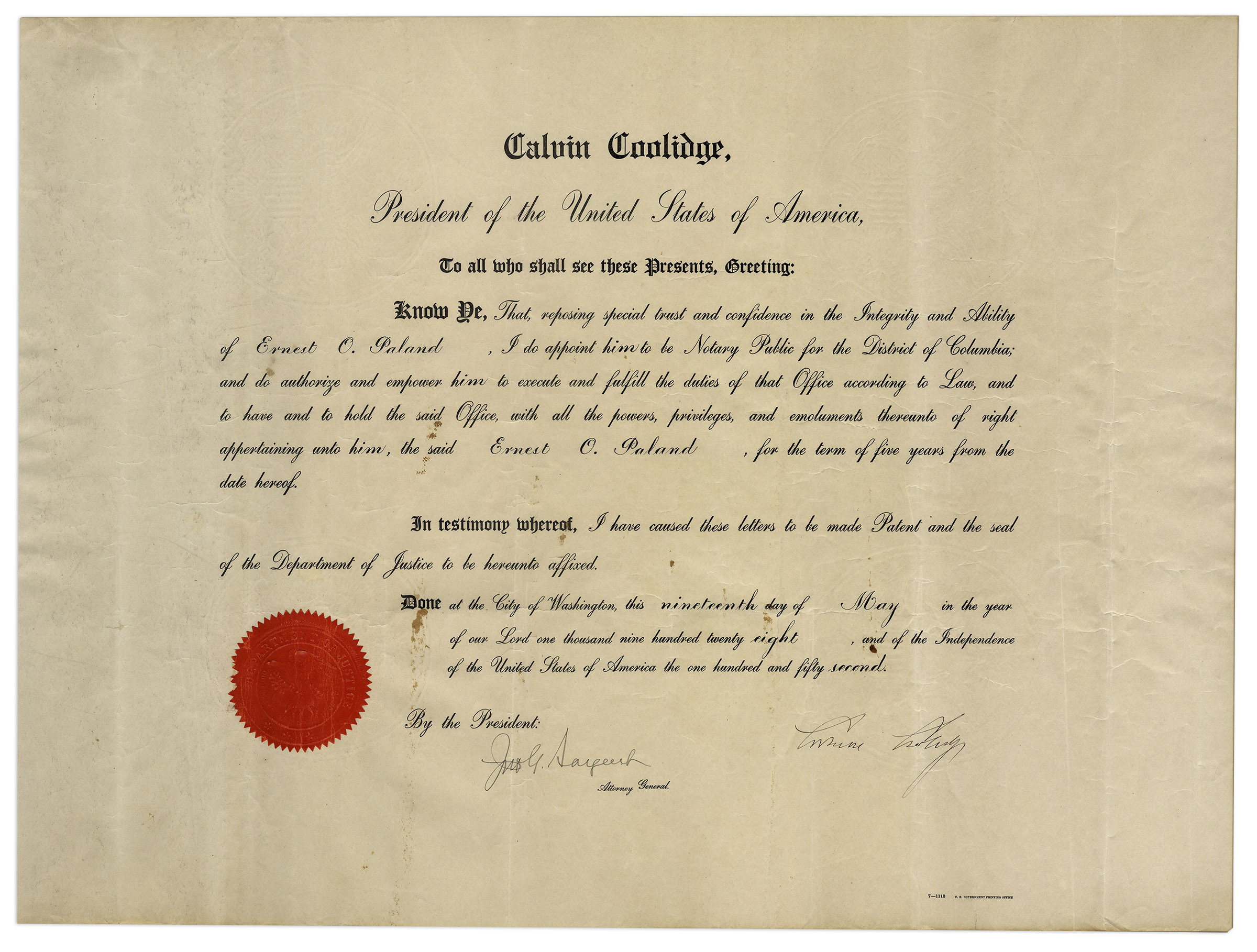 Calvin Coolidge Document Signed as President Calvin Coolidge document signed as President, - Image 2 of 2