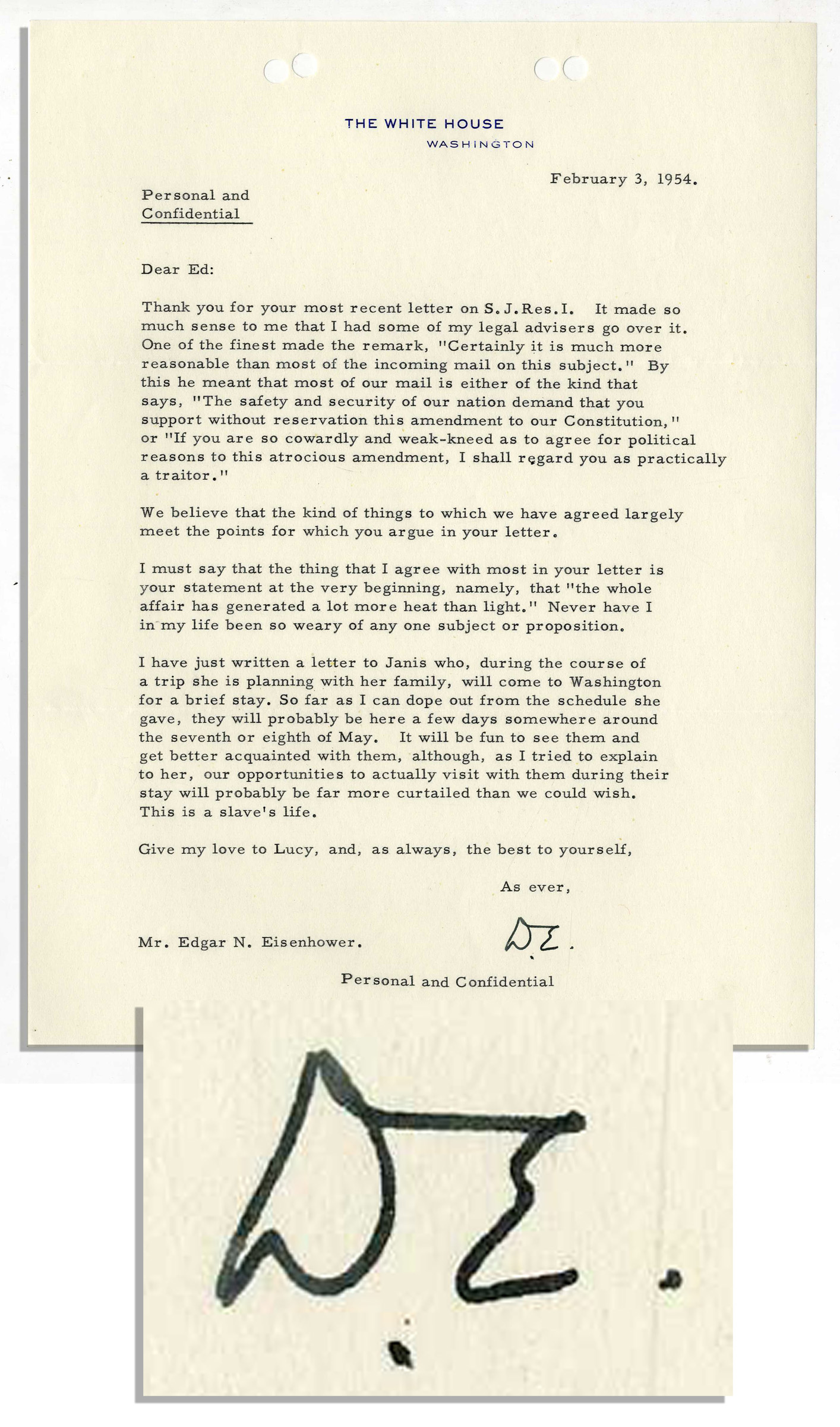 Eisenhower Letter Signed as President: ''...If you are so cowardly...as to agree...to this atrocious