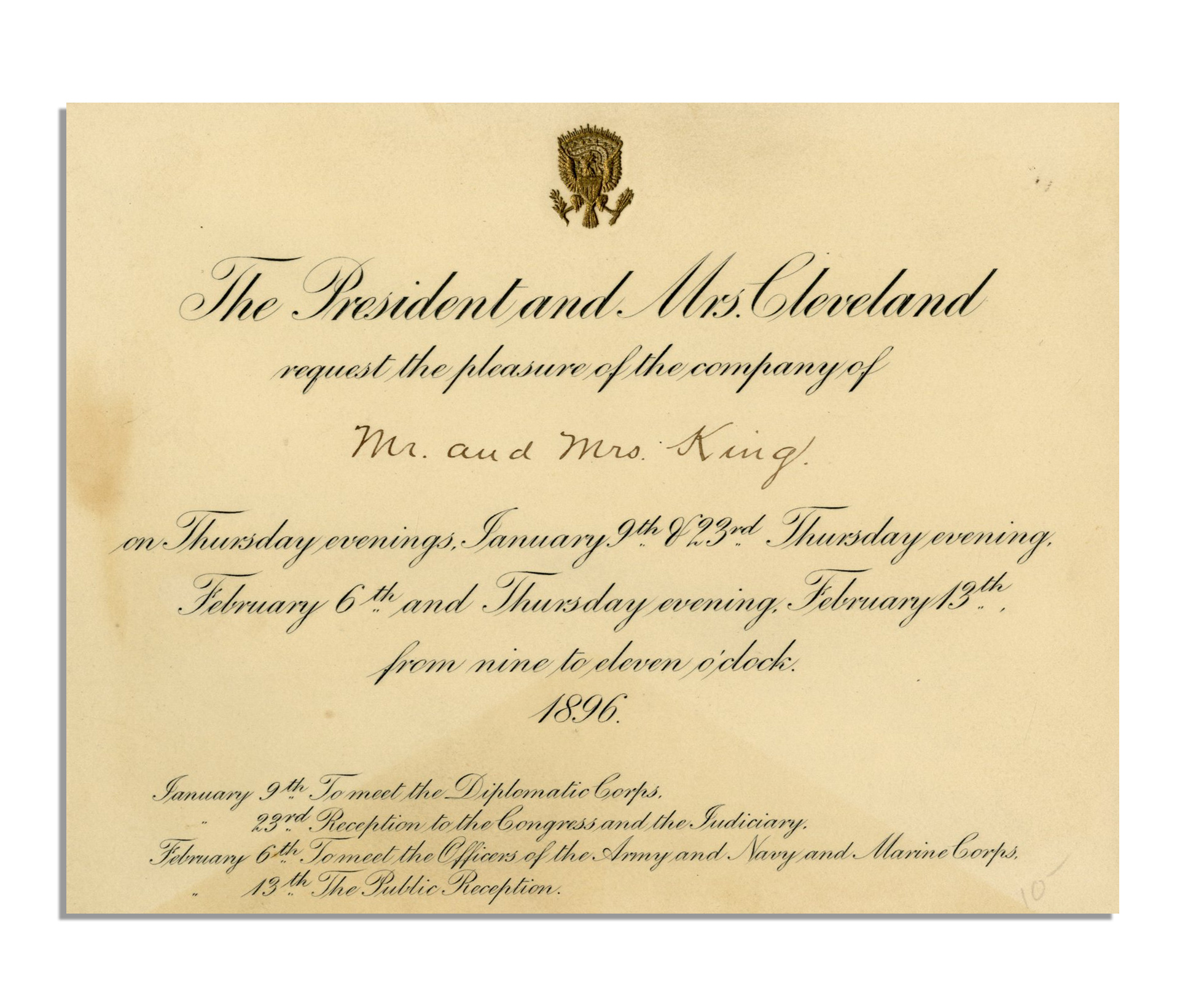 Grover Cleveland 1896 White House Invitation Invitation by President and Mrs. Grover Cleveland to