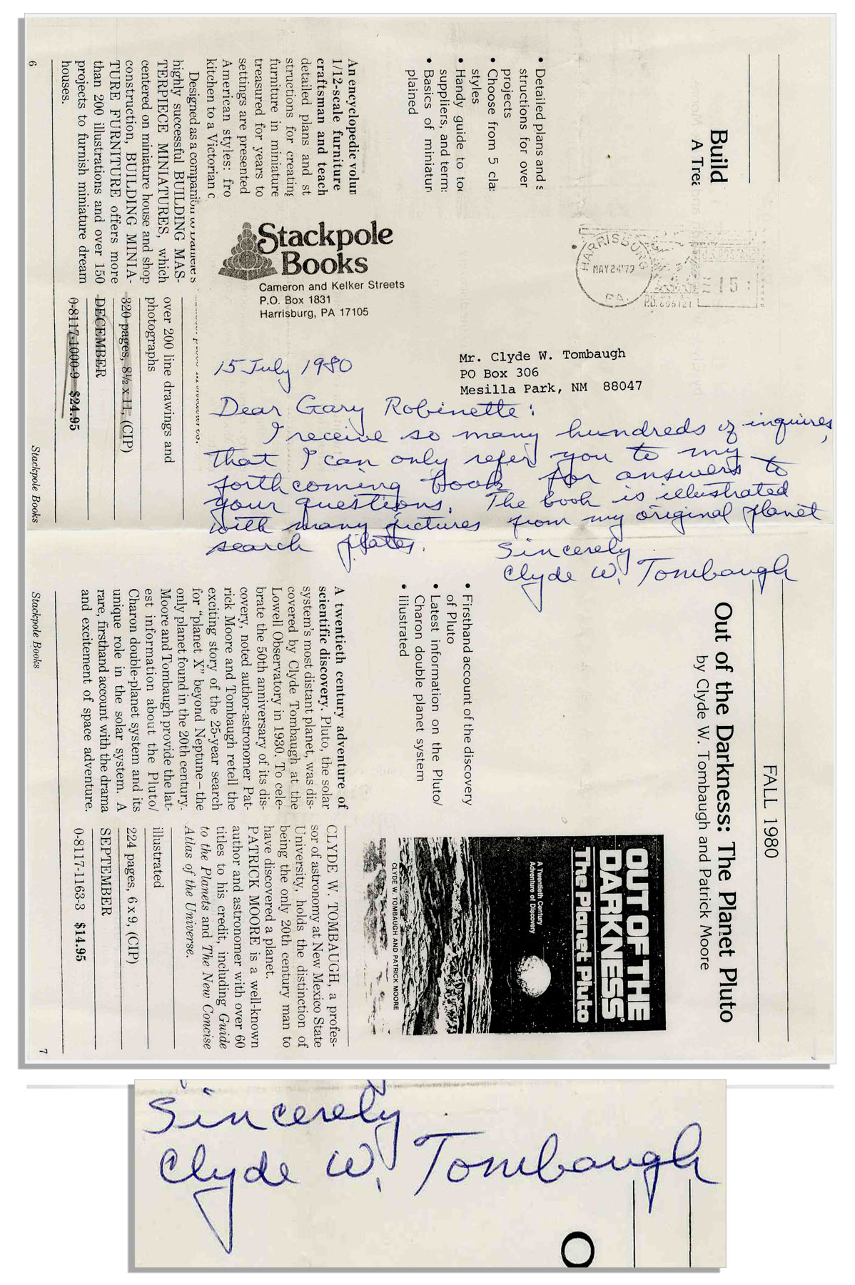 Excellent Clyde Tombaugh Autograph Note Signed -- Regarding His 1980 Book Detailing His Discovery of