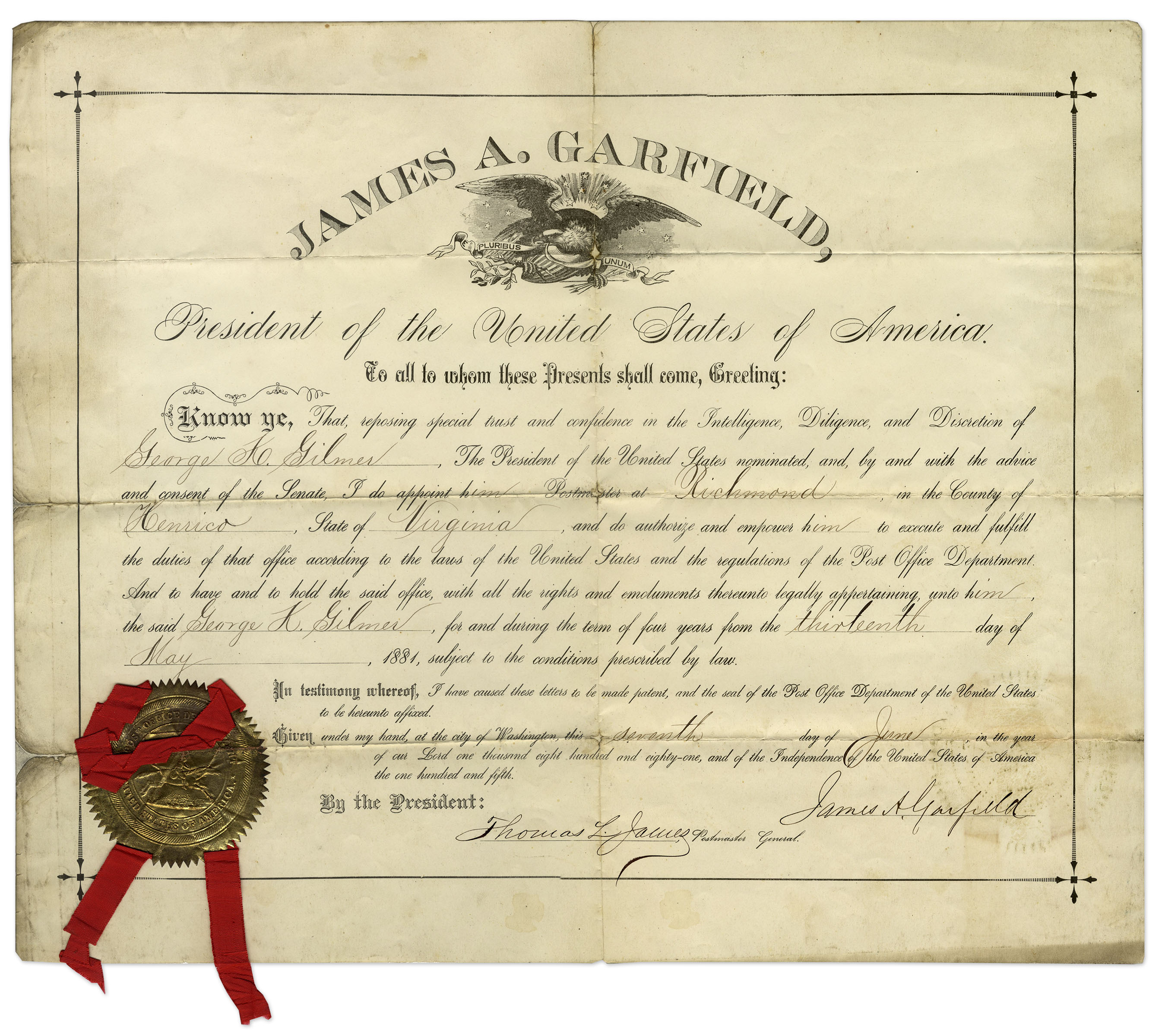 Scarce James Garfield Document Signed as President -- From 7 June 1881 James Garfield document - Image 2 of 3