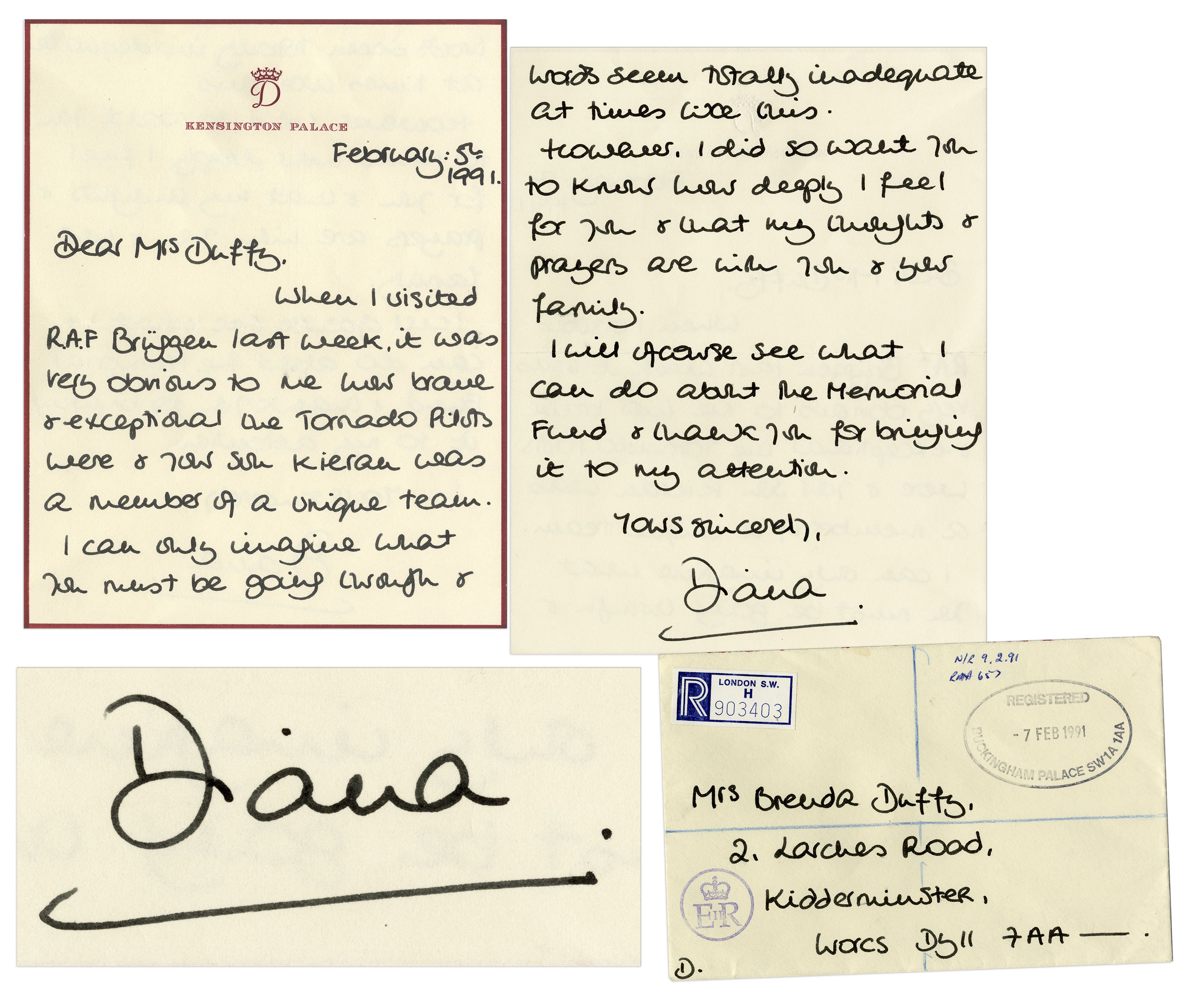 Princess Diana Autograph Letter Signed in 1991 -- Addressed to the Mother of First Pilot Killed in