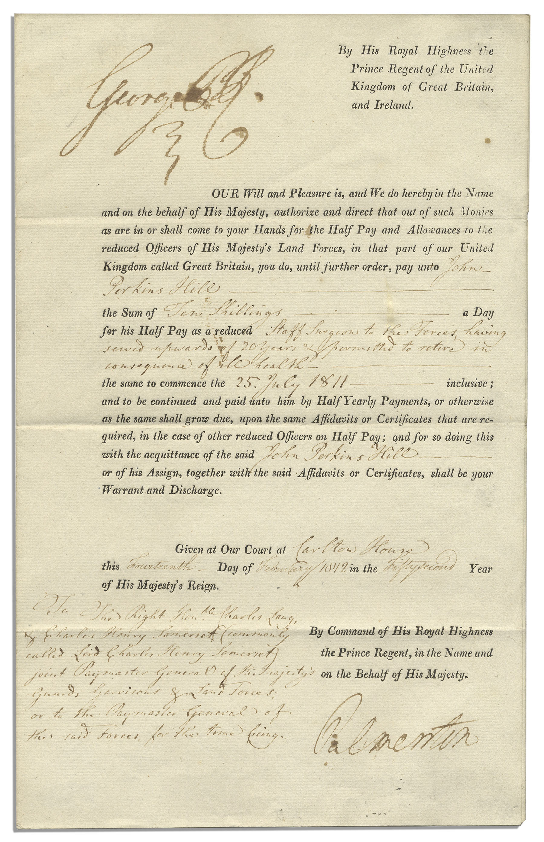 King George III Document Signed From 1812 -- With Bold & Large ''George PR'' Signature King George - Image 2 of 3