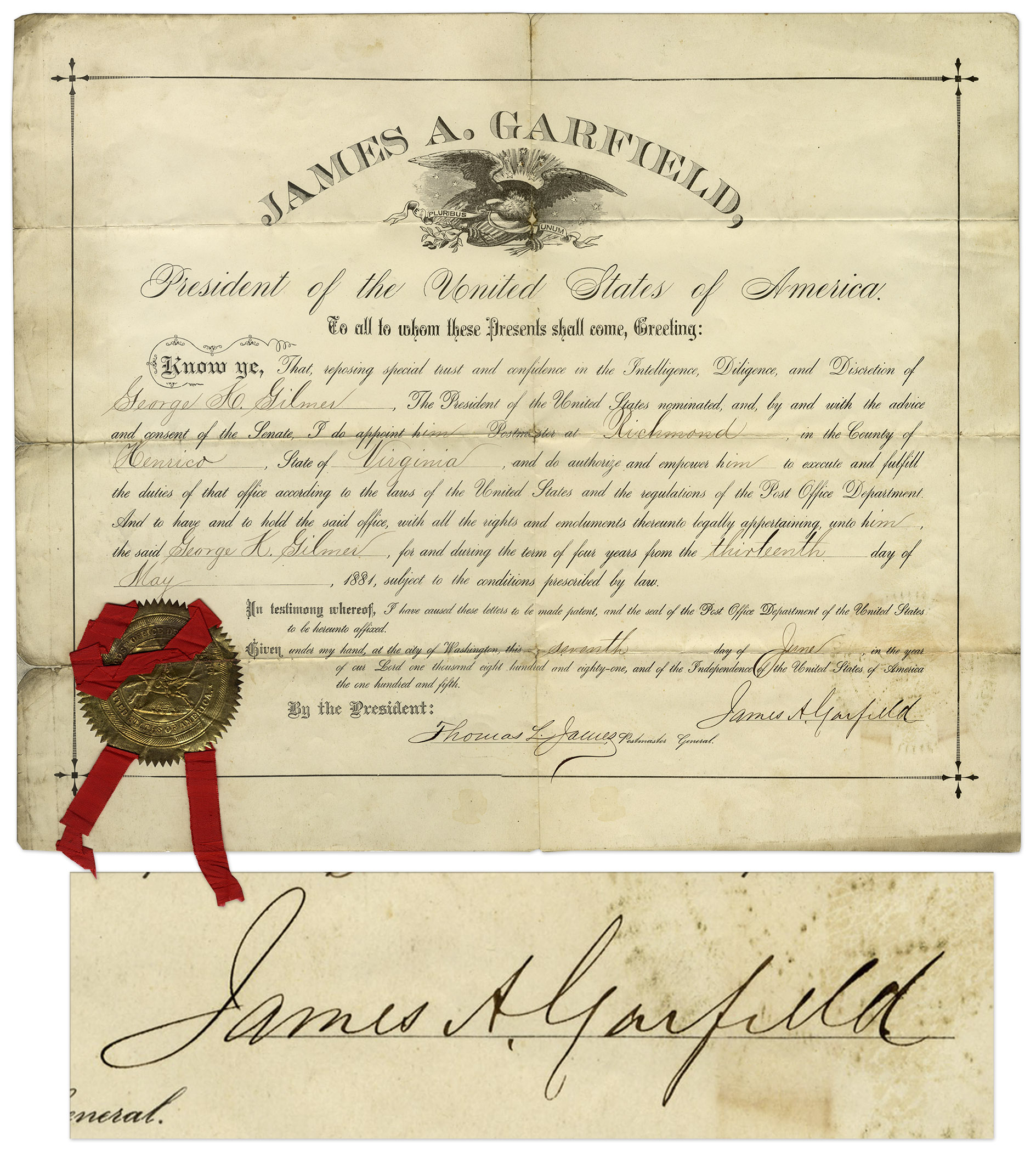 Scarce James Garfield Document Signed as President -- From 7 June 1881 James Garfield document