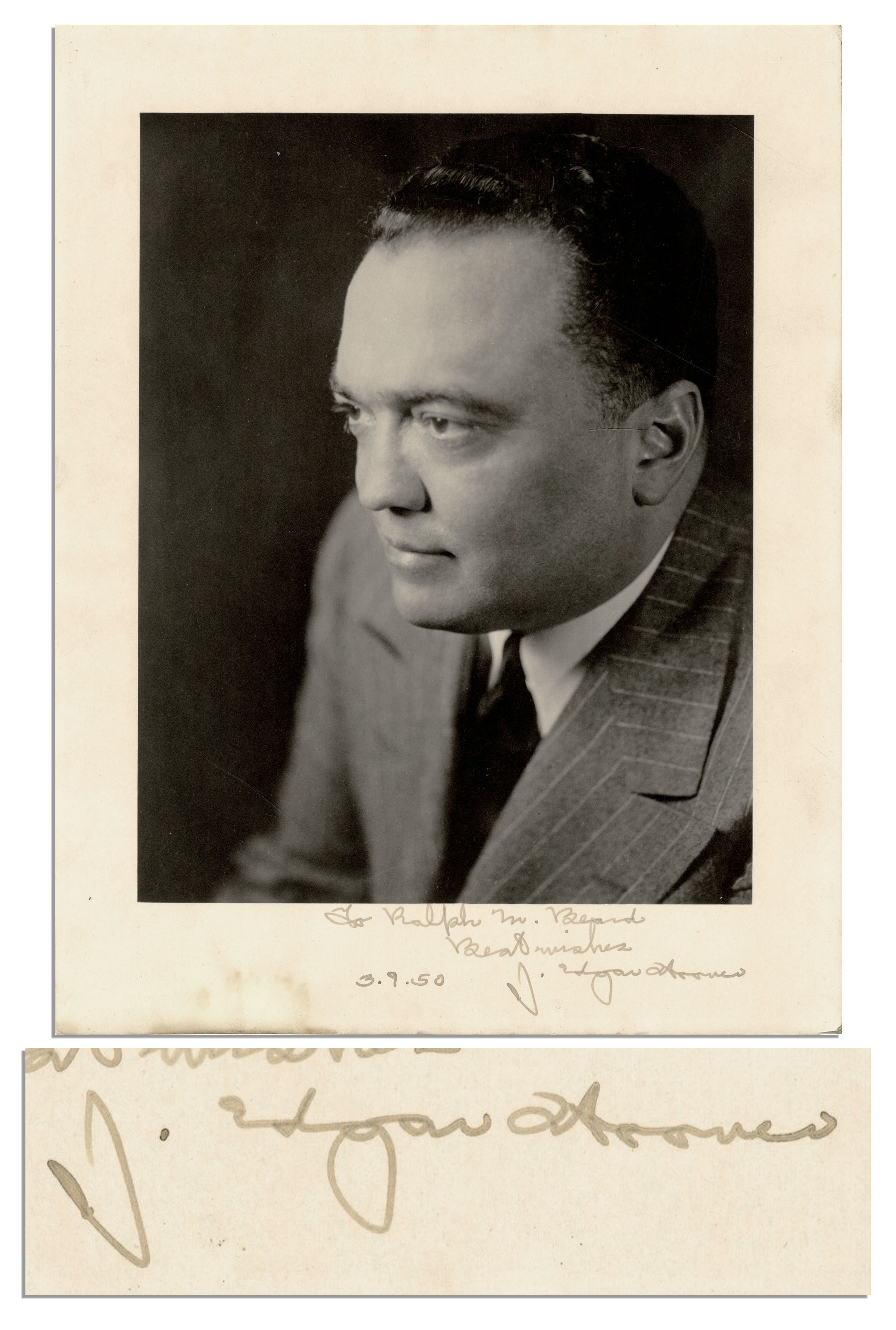 J. Edgar Hoover Signed Photo Display -- ''To Ralph W. Beards / Best wishes / 3.9. 50  J. Edgar