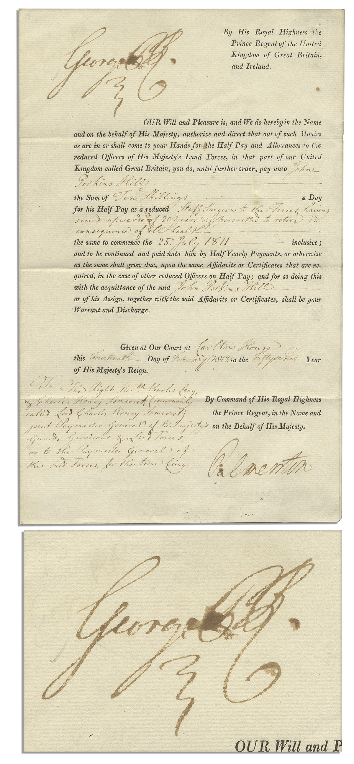 King George III Document Signed From 1812 -- With Bold & Large ''George PR'' Signature King George