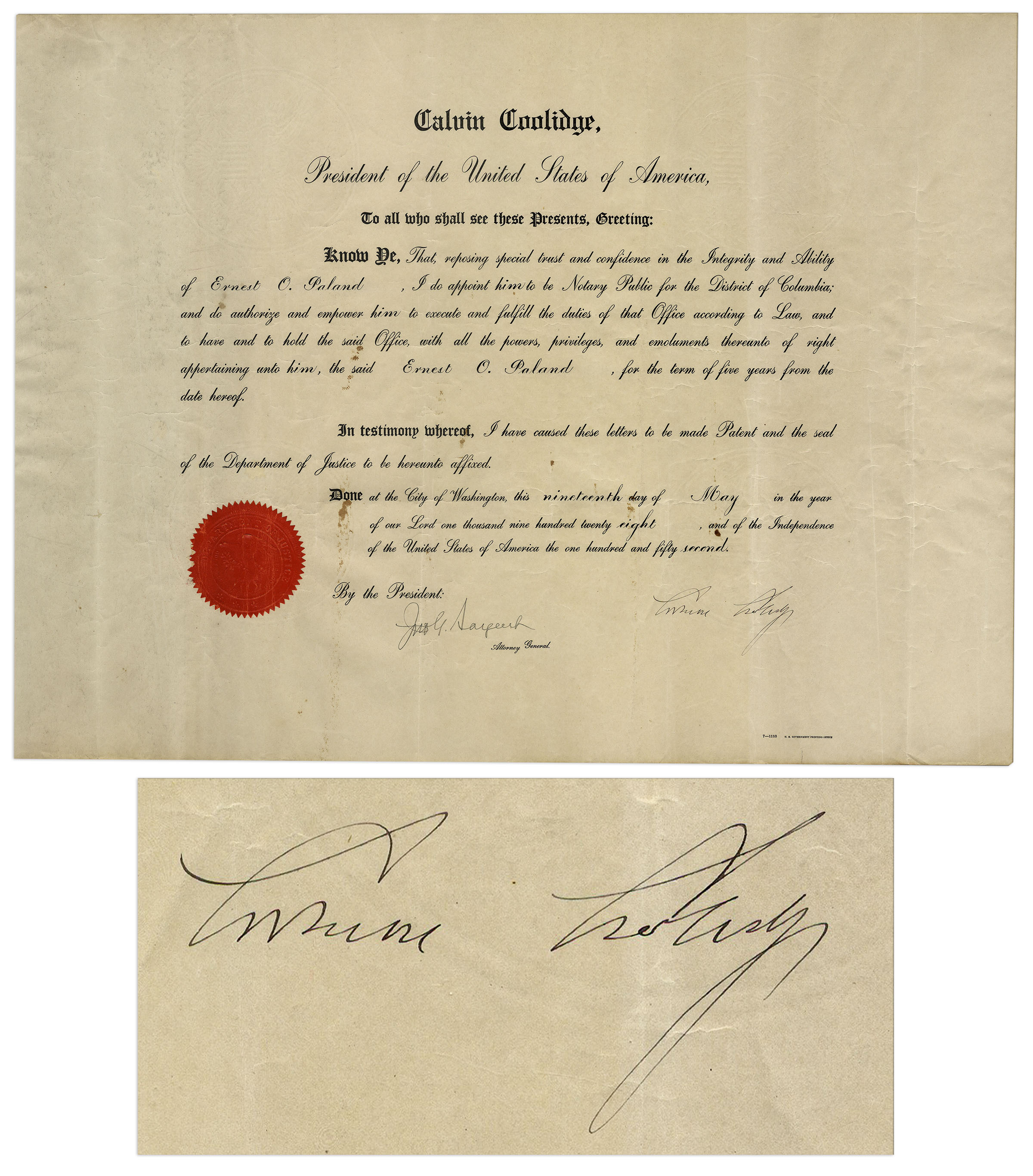 Calvin Coolidge Document Signed as President Calvin Coolidge document signed as President,