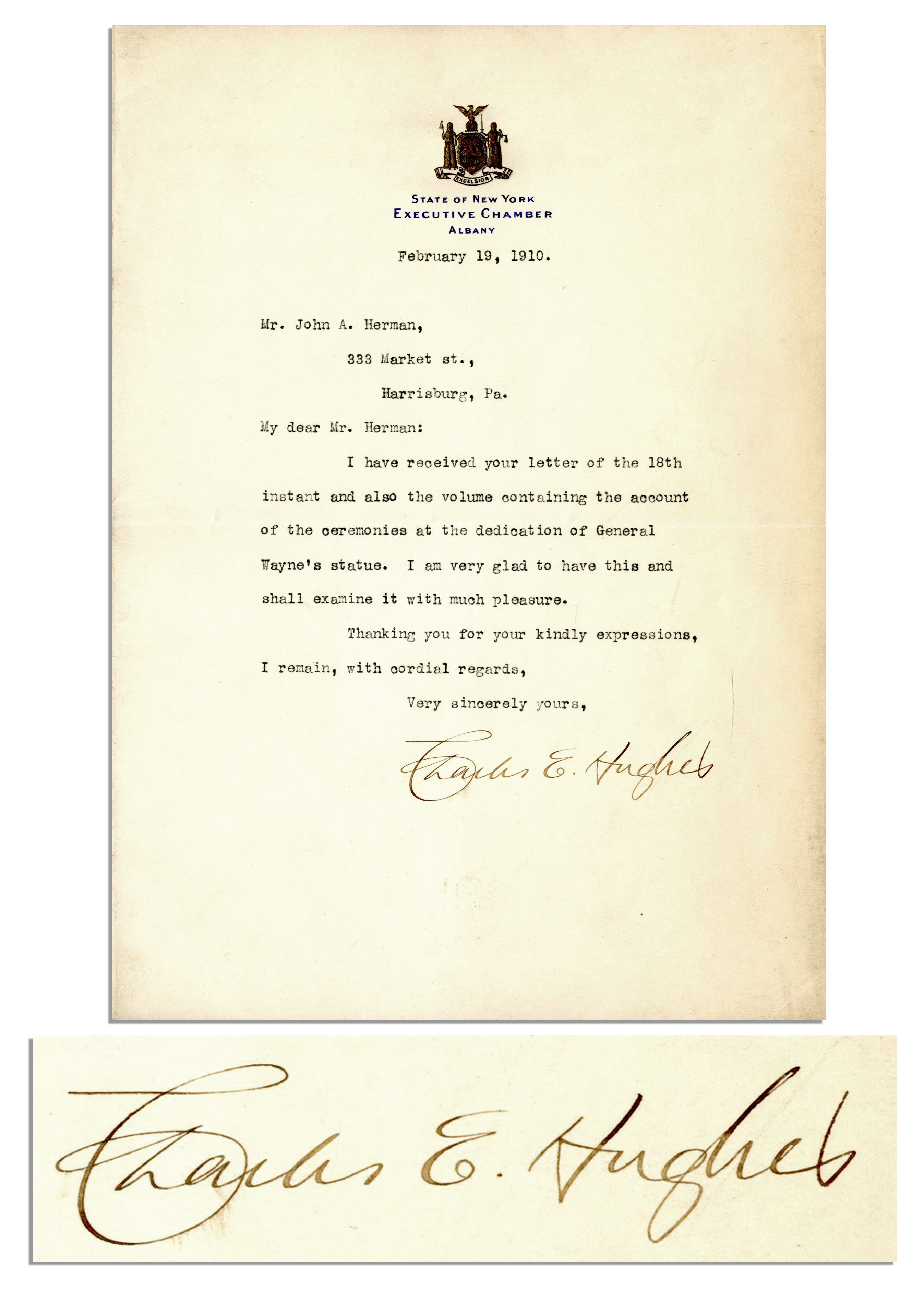 Charles Evan Hughes Signed 1910 Letter Charles Evan Hughes typed letter signed as Governor of New