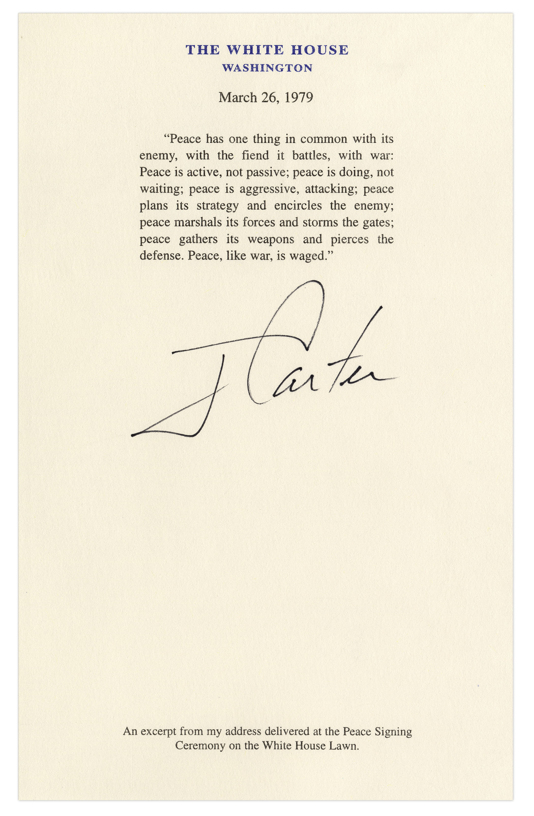 Jimmy Carter Signed Souvenir Excerpt From His Speech at the Egyptian-Israeli Peace Treaty Signing in