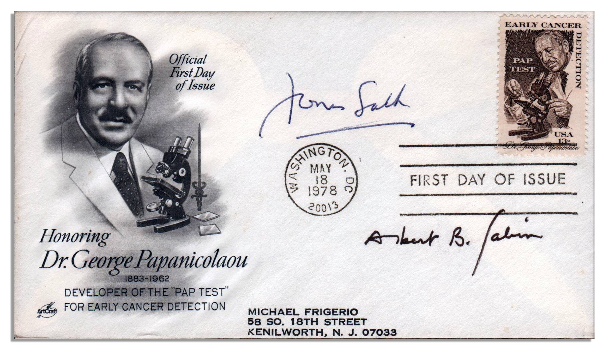 Jonas Salk & Albert Sabin Signed First Day Cover ''Jonas Salk'' signs a commemorative first day