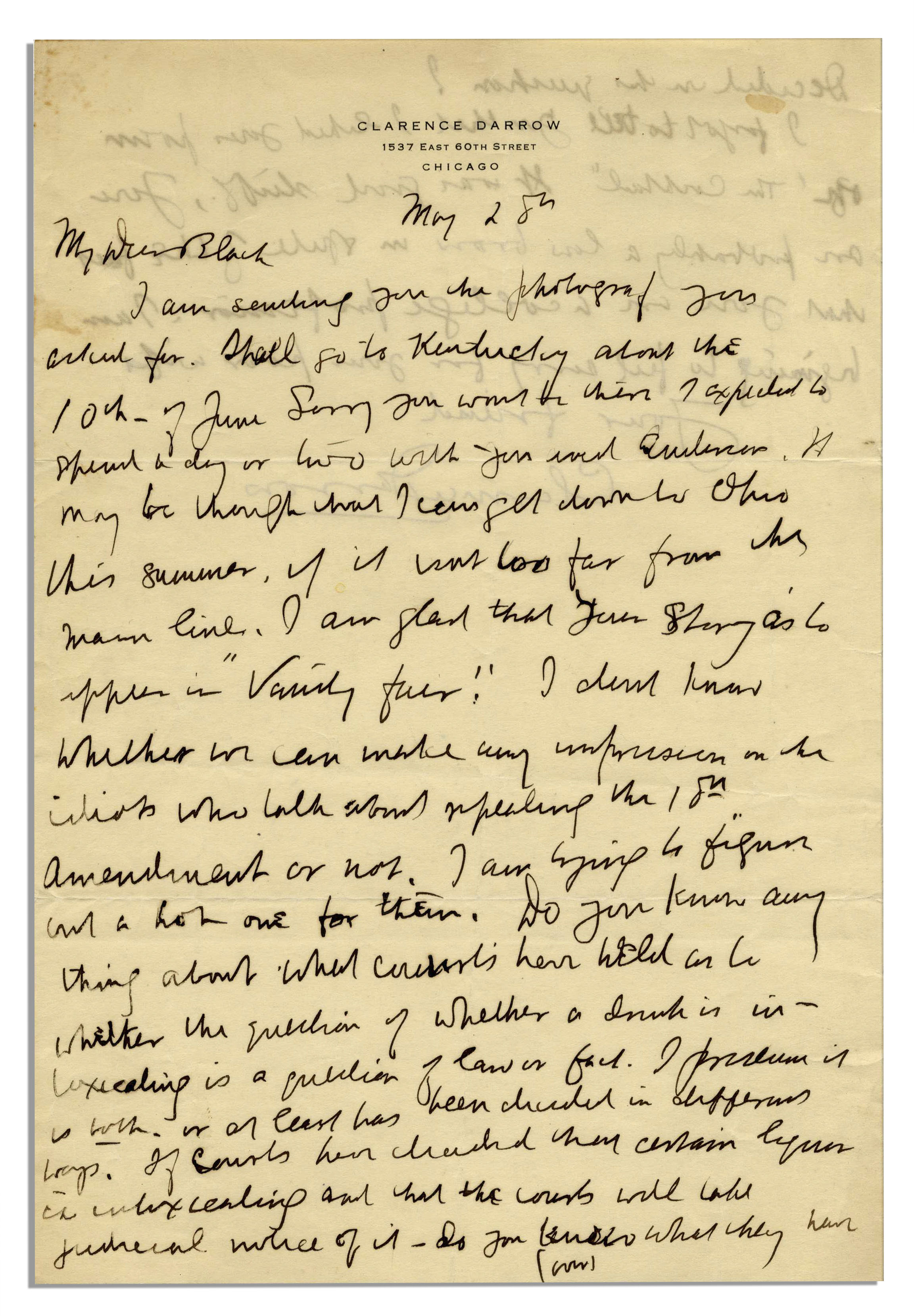 Clarence Darrow Autograph Letter Signed With Prohibition Content -- ''...I don't know whether we can - Image 2 of 2