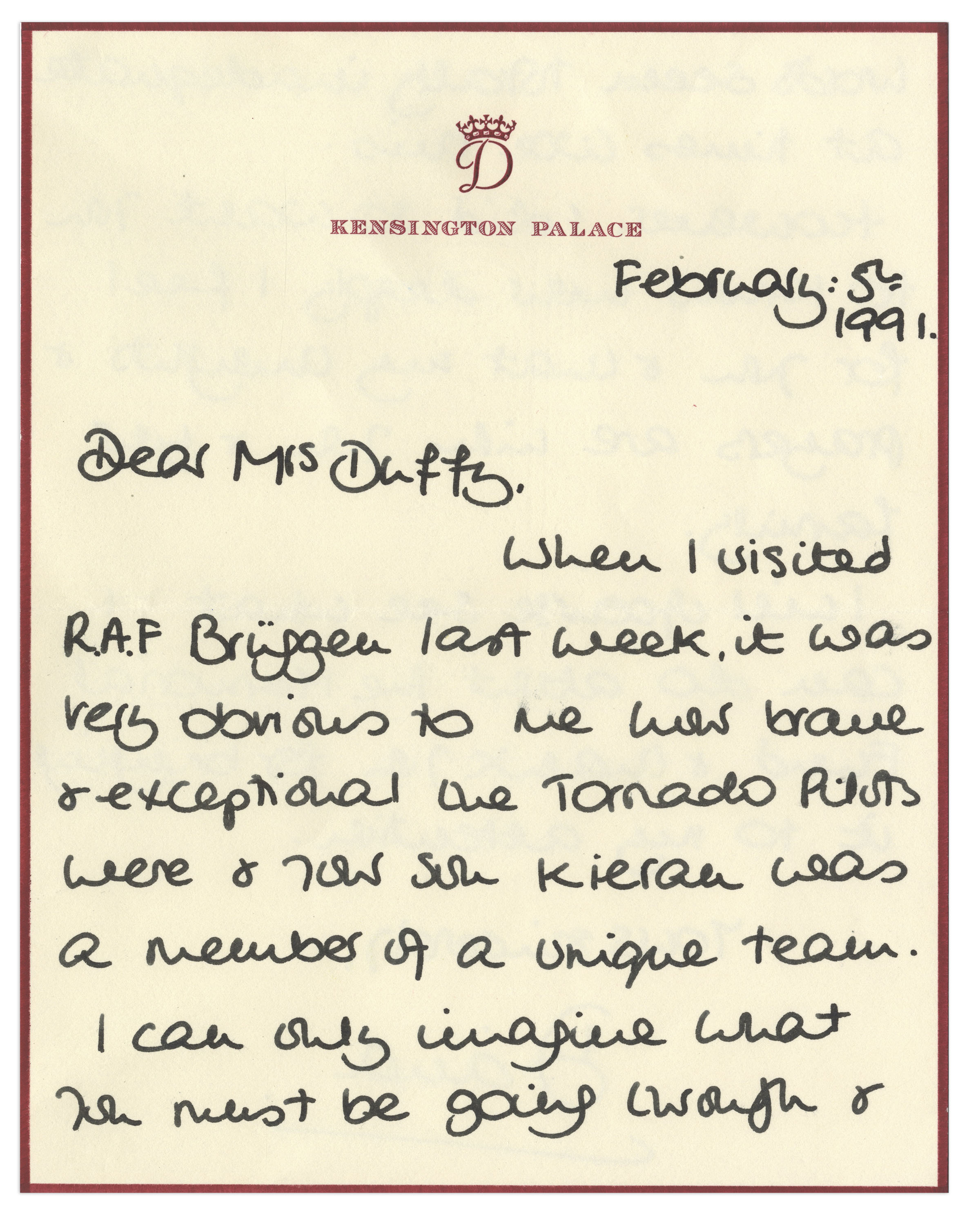 Princess Diana Autograph Letter Signed in 1991 -- Addressed to the Mother of First Pilot Killed in - Image 2 of 6