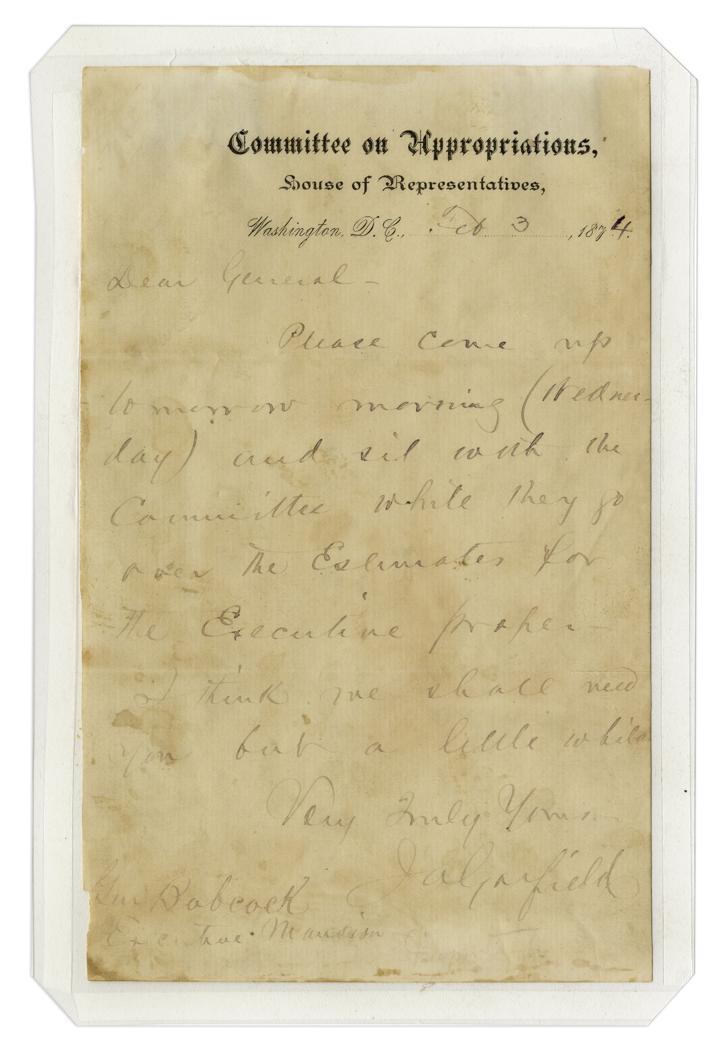 James Garfield Autograph Letter Signed -- ''...sit with the committee while they go over the - Image 2 of 3