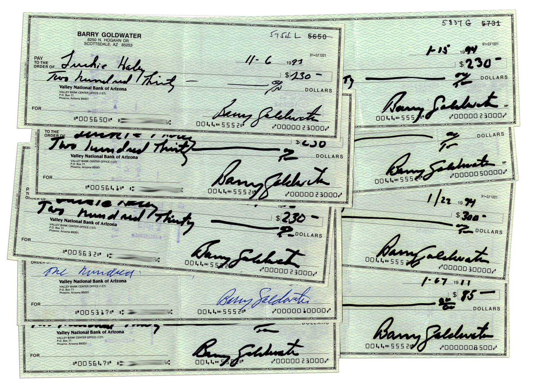 Lot of 10 Checks Signed by Conservative Icon Barry Goldwater Lot of ten checks signed by Barry