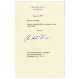 Richard Nixon Signed Souvenir Resignation Richard Nixon signed Presidential resignation, dated 9