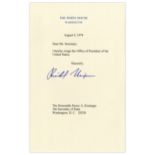 Richard Nixon signed Presidential resignation, dated 9 August 1974. Letter reads in full, ''Dear Mr.