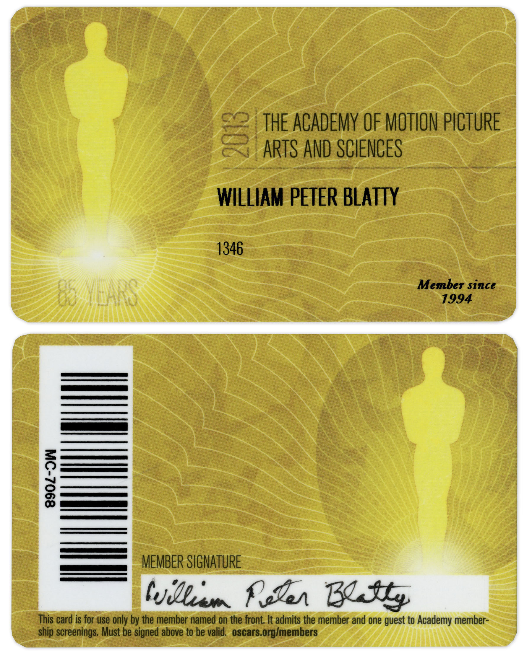 William Peter Blatty's official AMPAS membership card, signed in pen. Plastic card reads ''2013 /