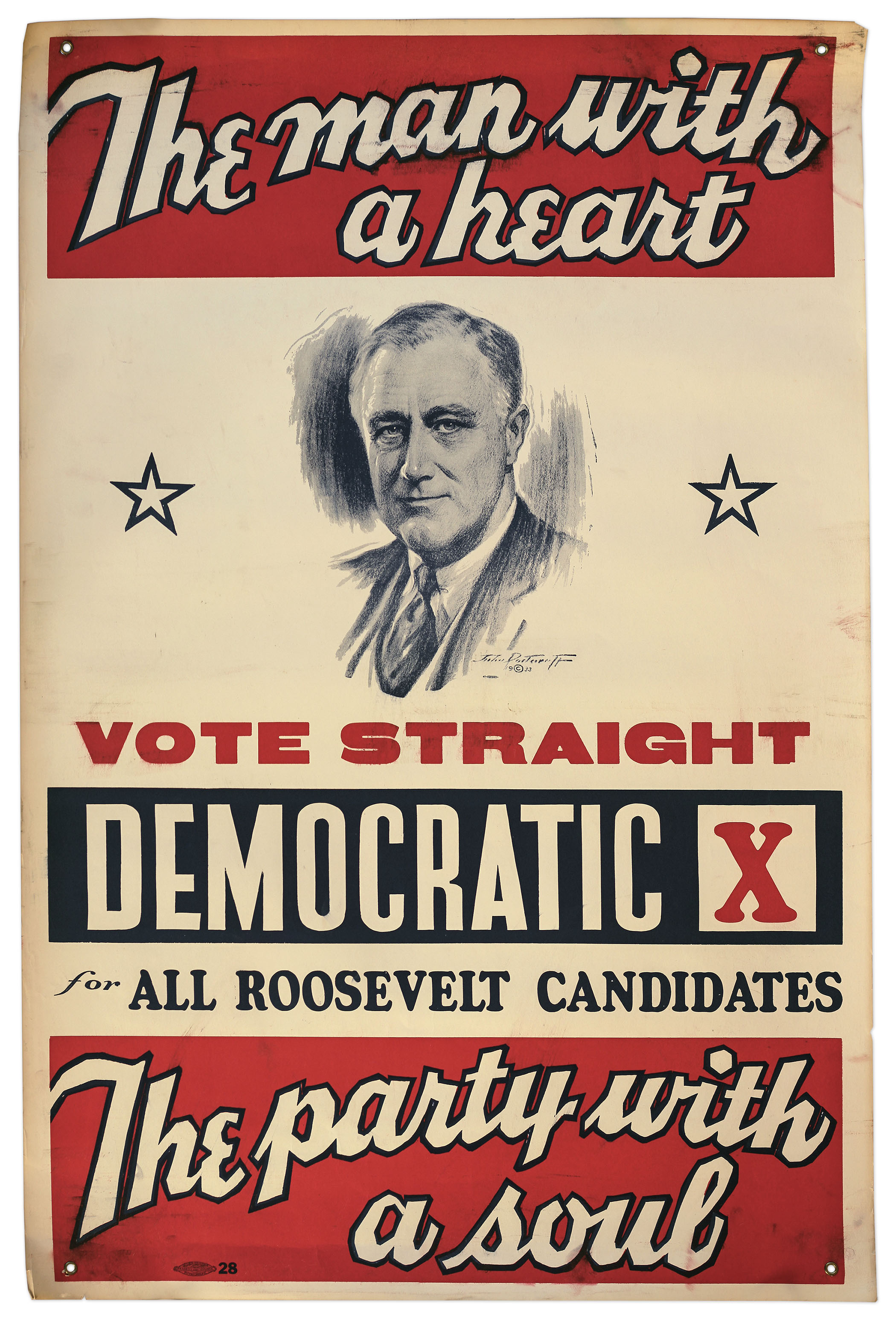 Dramatic and eye-catching Franklin D. Roosevelt campaign poster. Colorful poster features