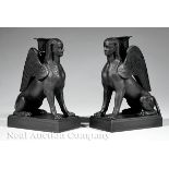 A Pair of Regency Wedgwood Black Basalt Sphinxes, early 19th c., marked on bases, winged sphinxes