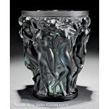 A Lalique "Bacchantes" Molded Grey Crystal Vase, engraved "Lalique France", cylindrical form