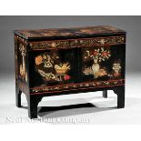 An Antique Lacquer Coffer, assembled from Chinese screen panels, hinged cover, bracket feet,