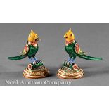 A Pair of Mughal-Style Enameled and Jeweled Parrots, height 2 1/4 in., width 2 3/4 in.