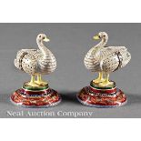 A Pair of Mughal-Style Enameled and Jeweled Swans, on stepped molded bases, height 2 1/4 in.,