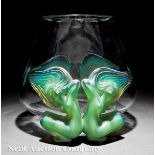 A Lalique "Antinea" Frosted Green and Clear Crystal Vase, engraved "Lalique France", tapered body