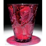 A Lalique "Ispahan" Red Crystal Vase, engraved "Lalique France", embossed with roses, marked on base