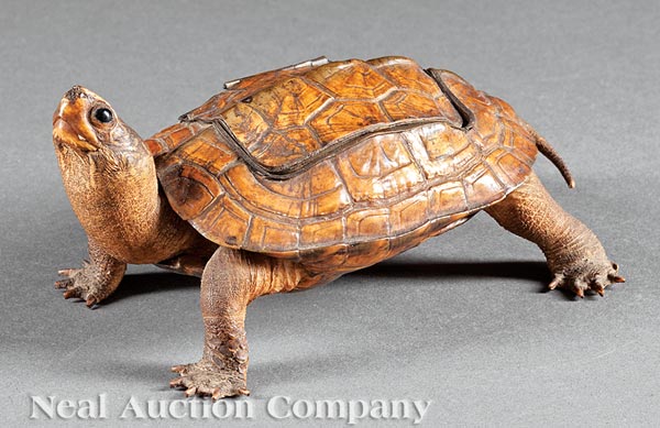 Continental Milk?Glass Fitted Turtle Inkwell, late 19th c., hinged carapace enclosing interior