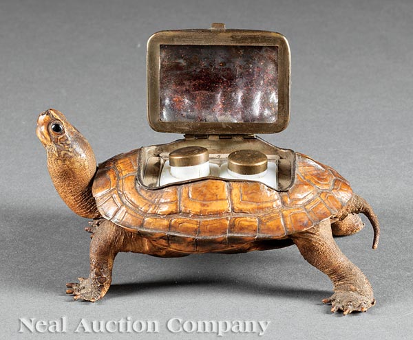 Continental Milk?Glass Fitted Turtle Inkwell, late 19th c., hinged carapace enclosing interior - Image 2 of 2